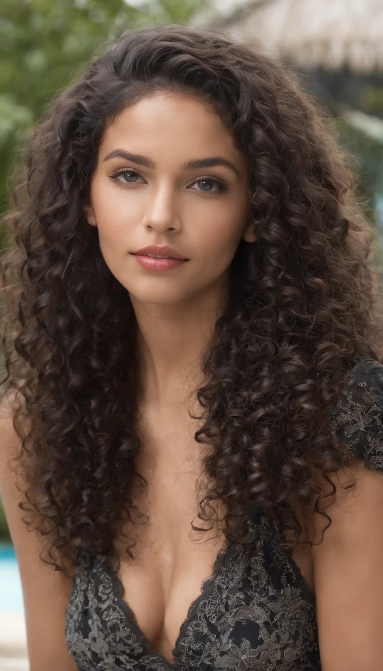 A beautiful and amazing black Brazilian woman,Portrait of the upper body,Kostenlose Locken, schwarzes lockiges Haar, (dunkles, Shorter, lockiges Haar), Wildes schwarzes langes lockiges Haar, Multiversales Haar, Brasilianisch, Kurzes schwarzes lockiges Haar, Lockiges schwarzes Haar, Locken, welliges Haar ausgebreitet, Barocke Locken, Locken, Lockig, Helles, lockiges Haar, Haarstruktur, lockiger Pony full body pic sexy black dress next to swimming pool