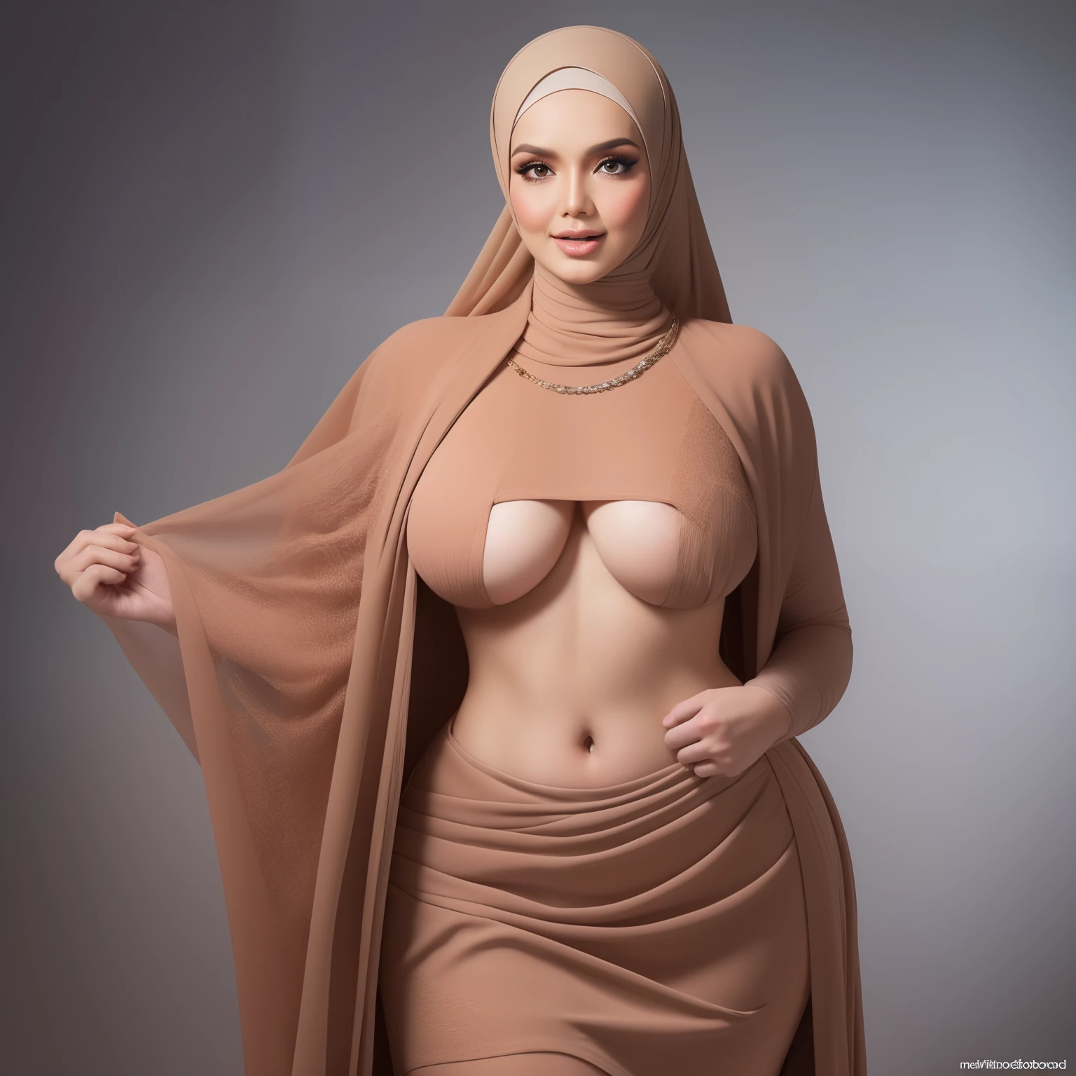 (NSFW,highres:1.2),1 girl,perfect body shape, slim waist,full body view,lifting her shirt,showing her boobs,wearing a hijab,beautiful detailed eyes,long eyelashes,natural makeup,soft smile,vivid colors,studio lighting,physically-based rendering,digital artwork,bokeh