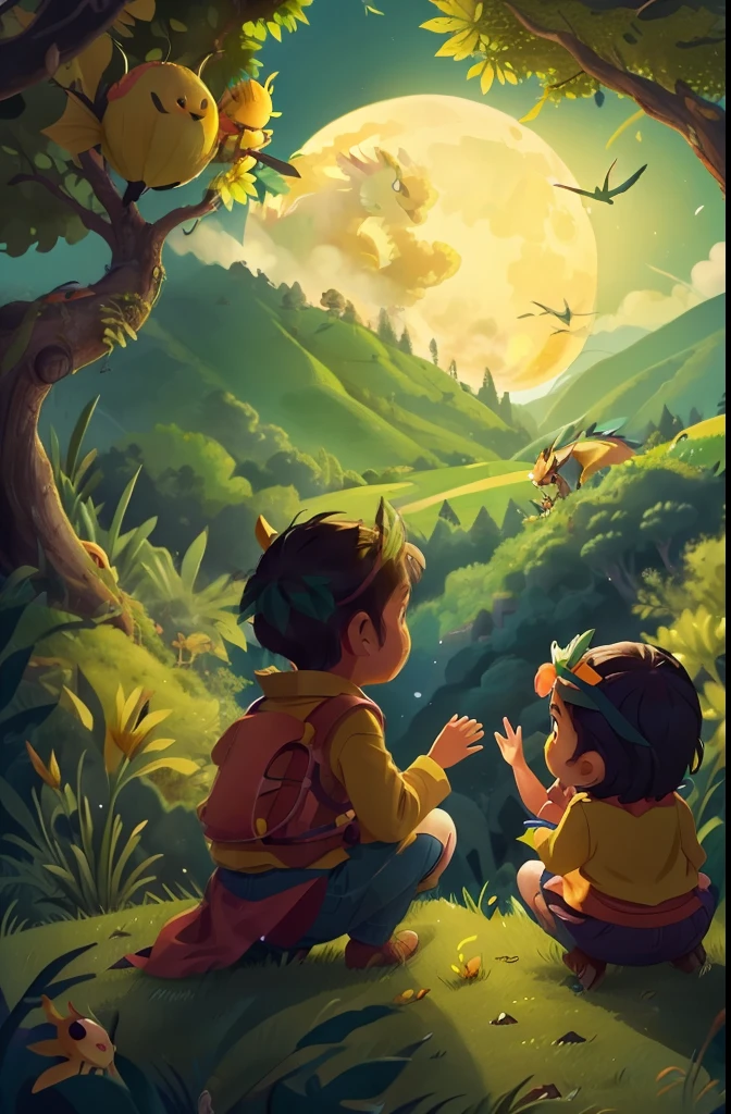 Floresta Encantada, The full moon rises behind the hills, The yellow dragon flies with a couple of children on top of it