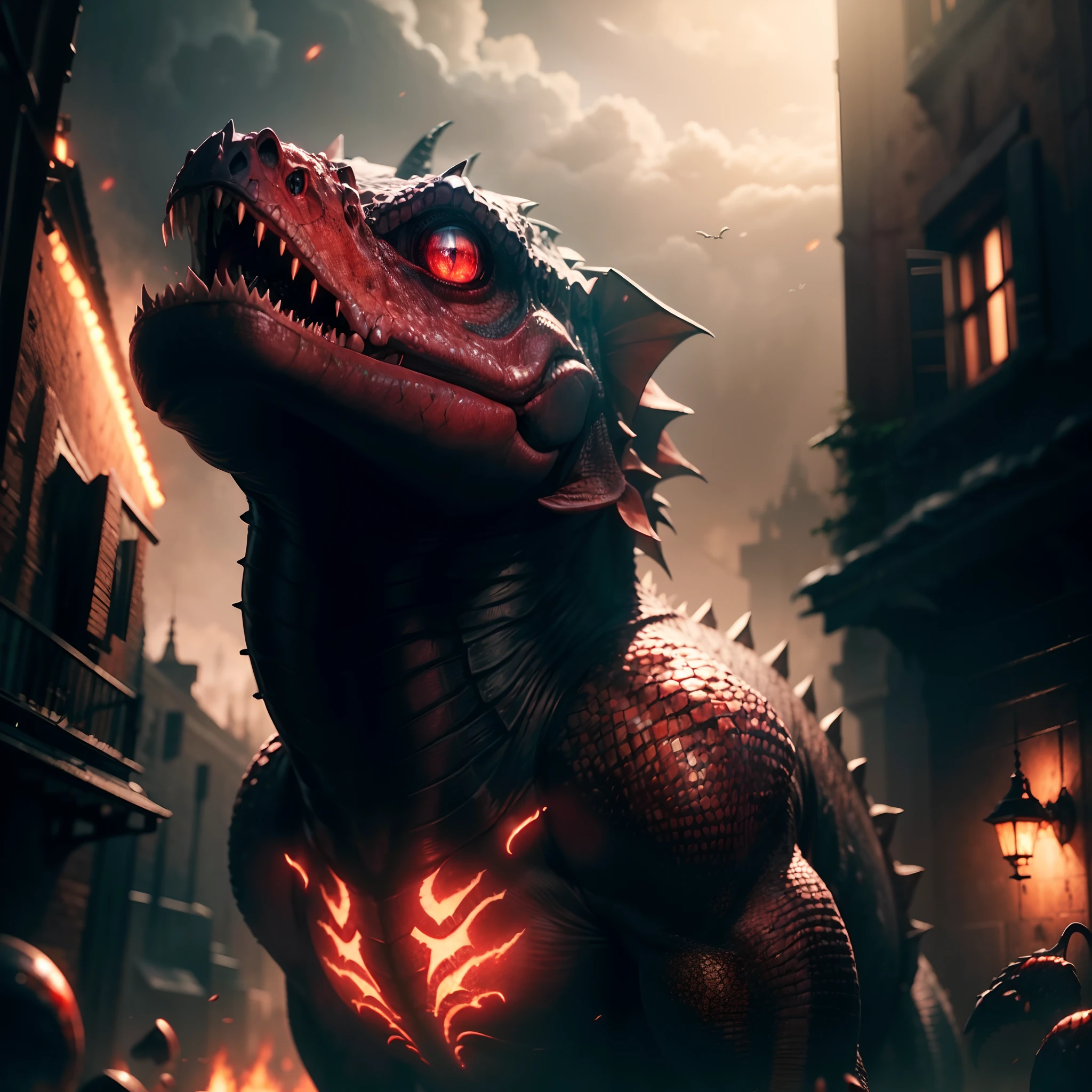 (Best quality,High quality,Masterpiece:1.2),Ultra-detailed,Realistic:1.37,8K resolution,[CG] illustration,Ominous atmosphere,Anthropomorphic,Crimson eyes,reptil,with twin breasts