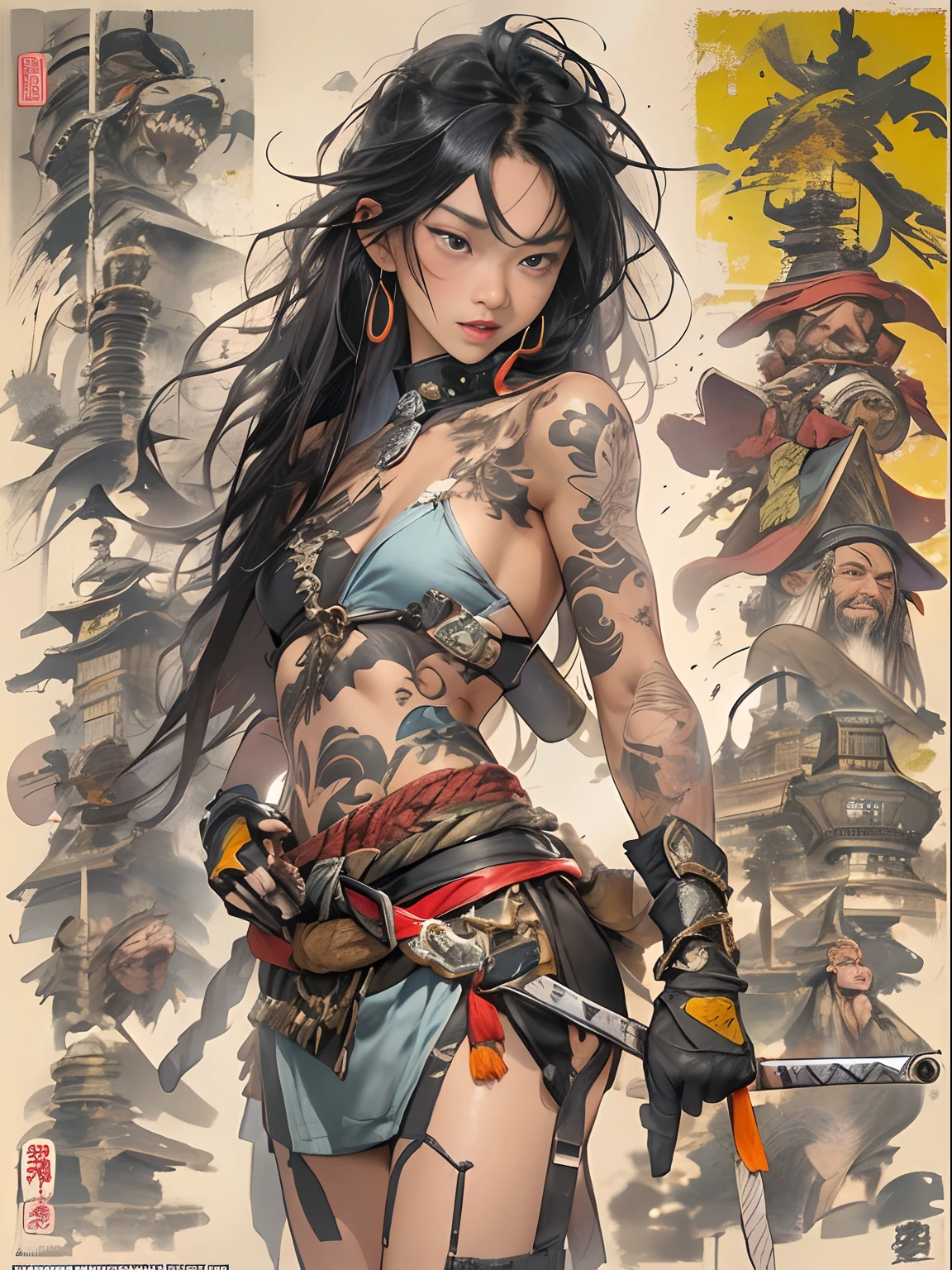 (((woman))), (((best qualityer))), (((tmasterpiece))), (((AS-Adult))), ((( Japanese ))), Look up from your knees, A beautiful asian samurai woman with perfect body, Modern samurai, ((( Asian))), Wear gloves on your hands,The left arm is made of steel and metal tips,Made of protective devices, The eyes are pulled, (( Appears below the breast )), (( Small dental floss )), Simon Bisley, Almost naked(Simon Bisley)Castle City Wilderness,For high-resolution posters, hair straight, Minimum clothing, armure (Crazy clothes ), Full of tips and rivets, tribal tattoos, (((full bodyesbian))), Straight brunette hair,Colored hair ends