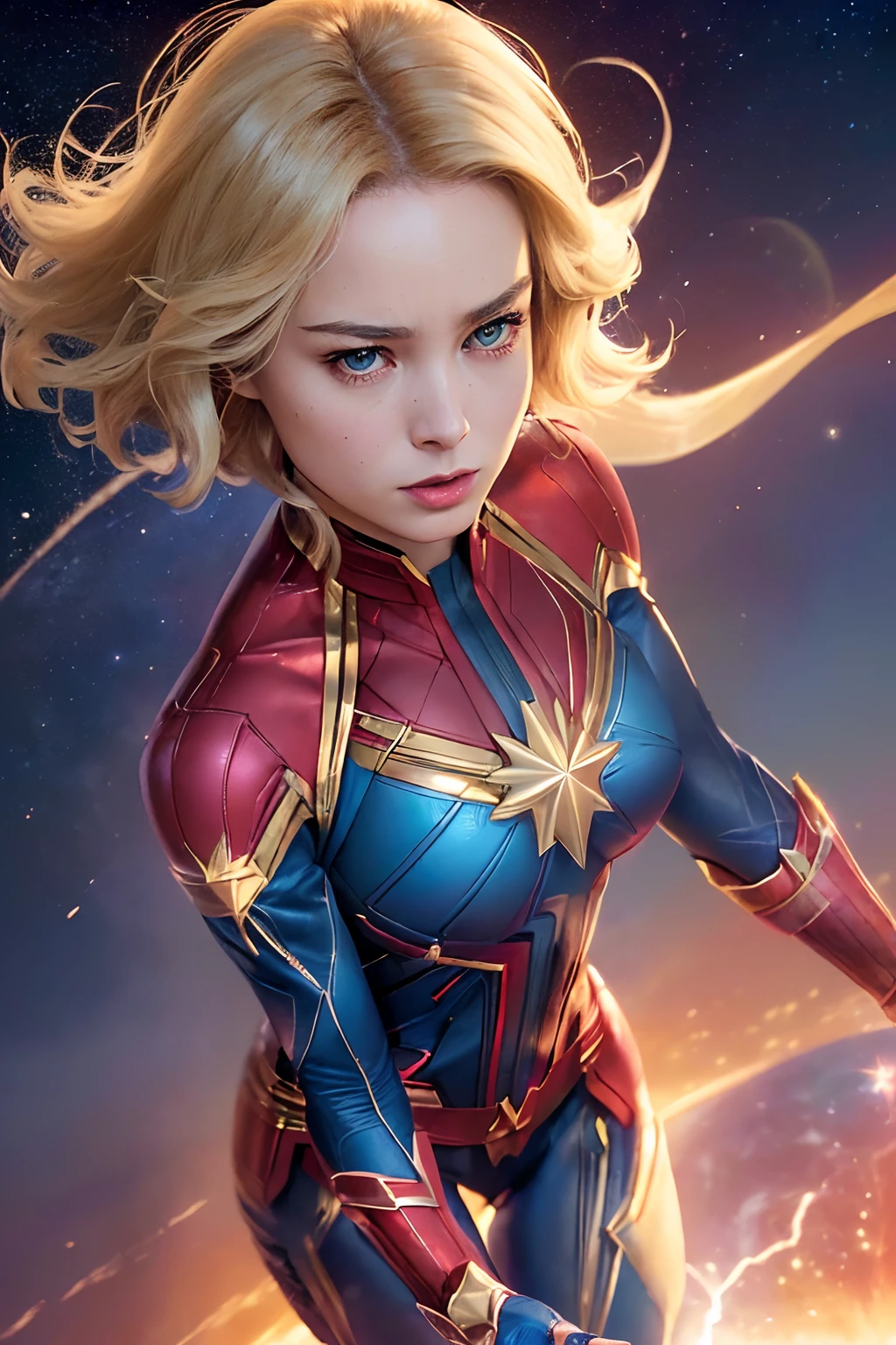 (masterpiece, best quality, photorealistic, cinematic, ultra-detailed, 8k), ((wide shot, side view), ((perfect body, perfect anatomy, nice hands, medium cleavage, long round legs, round ass1.5)), (crouching), (imagine Brie Larson as Captain Marvel, radiating an aura of cosmic power and confidence), (her golden-blonde hair flows with an ethereal glow, framing her strong yet delicate features), (her cobalt-blue eyes gleam with an otherworldly intensity, hinting at the vast cosmic energies coursing through her).
(Captain Marvel's distinctive red and gold suit fits her like a second skin, accentuating her athletic and powerful physique), (the red sash that drapes around her waist flutters with an almost surreal sense of movement, hinting at her incredible speed and agility).
(her star-emblazoned chest plate gleams with a brilliant, metallic sheen, and the iconic gold star symbol at its center shines with a radiant luminescence), (the suit's sleek design and intricate details highlight her status as a cosmic protector).
(Brie Larson's expression exudes determination and strength, with a hint of a confident smile on her lips), (her strong jawline and high cheekbones emphasize her unwavering resolve).
(Captain Marvel's outstretched hands, adorned with glowing energy gauntlets, crackle with cosmic power, ready to unleash her photon blasts), (her boots, sleek and practical, seem to defy gravity, emphasizing her ability to soar through the skies and across the cosmos).
(behind her, a backdrop of swirling interstellar nebulae and cosmic energies further reinforces her connection to the vastness of the universe and the immense power she wields as Captain Marvel)