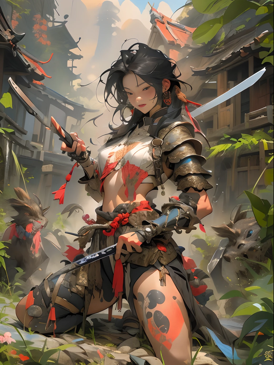 (((woman))), (((best qualityer))), (((tmasterpiece))), (((AS-Adult))), ((( Japanese ))), Look up from your knees, A beautiful asian samurai woman with perfect body, Modern samurai, ((( Asian))), Wear gloves on your hands，The left arm is made of steel and metal tips，Made of protective devices, The eyes are pulled, (( Appears below the breast )), (( Small dental floss )), Simon Bisley, Almost naked（Simon Bisley）Castle City Wilderness，For high-resolution posters, hair straight, Minimum clothing, armure (Crazy clothes ), Full of tips and rivets, tribal tattoos, (((full bodyesbian))), Straight brunette hair，Colored hair ends