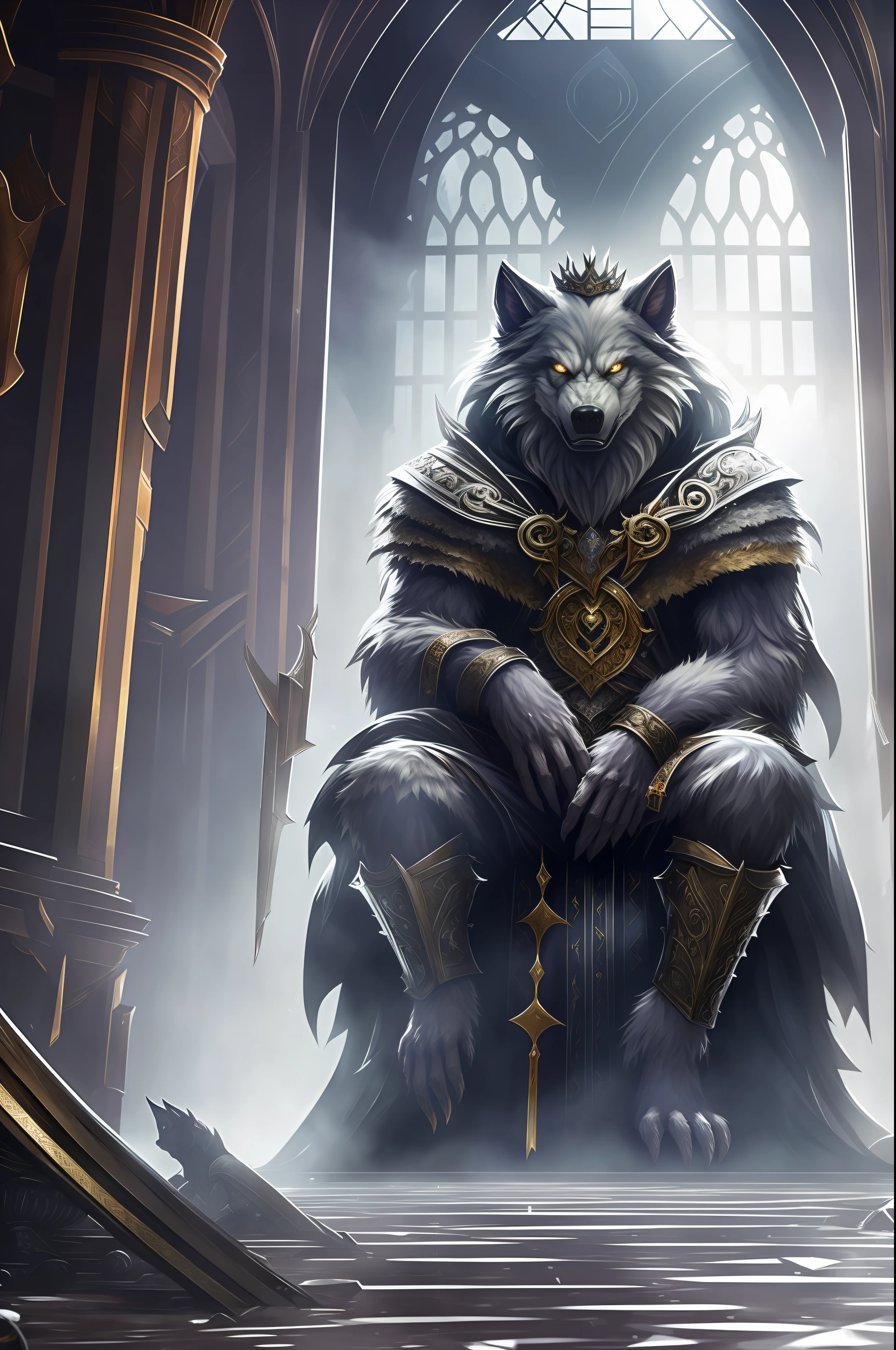 an old Werewolf king sitting on the throne in the heart of The City of Glas, throne is A very humid place full of puddles and leaks, regal, intimidating, ornate armor, regal crown, blurry_background, natural lighting, short twintails hair, looking_at_viewer, solo, highly detailed 8k