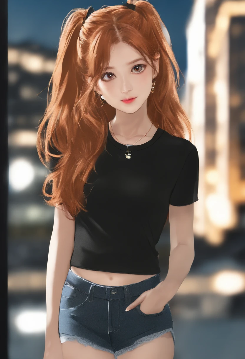 (8k, Top  Quality, high-resolution, Super Altitudes:1.1), The color palette is mainly dark, 1girl, (Stand, She turned slightly to her right side), (posing), (German:1.2), (japanese:0.8), skinny, 23 years old, (One hand behind her head:1.2), (Cityscape Night), (blurry background), (Navel), (Black cotton sleeveless T-shirt), (Black Jeans Shorts), (extremely detailed face), (highly detailed eyes), Focus on face and torso, (Long ginger hair:1.2), twintails, eyes blue, (looking at the scenes:2), Eye Shadow