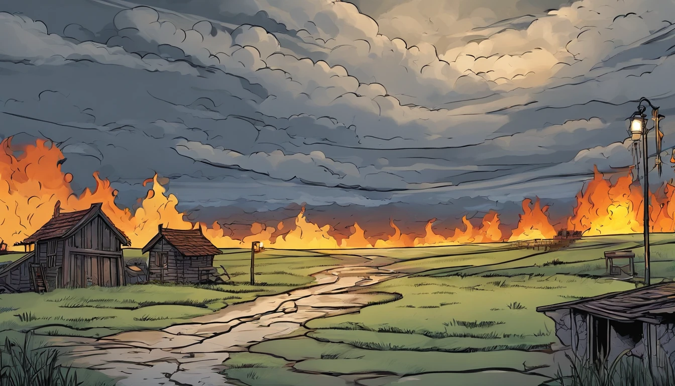 dark stormy sky, gray clouds, low-angle view, puddles of rain on the ground, medieval village, on fire