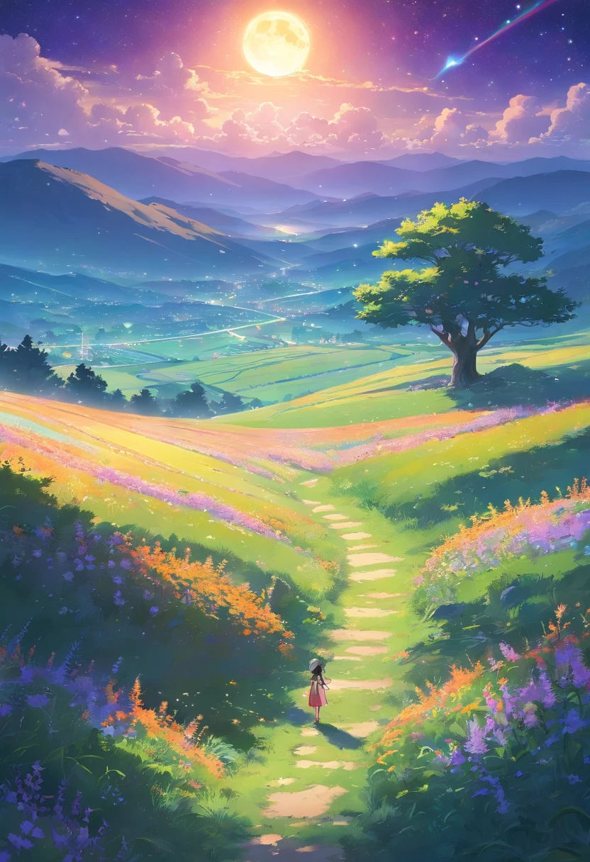 Expansive landscape photograph,(look from down,Above is the sky,Below are open fields),A little girl stood on a flower field and looked up,(moon full:1.2),(Starcloud:1.3),Far Mountain, Tree BREAK making art,(Warm light source:1.2),(glowworm:1.2),lamp lights,Lots of purple and orange,Complicated details,(best qualtiy),4K,ultra - detailed,(dynamic compositions:1.4),detail-rich,plethora of colors,(Irridescent color:1.2),(with light glowing,Atmospheric lighting),dream magical,magical,(独奏:1.