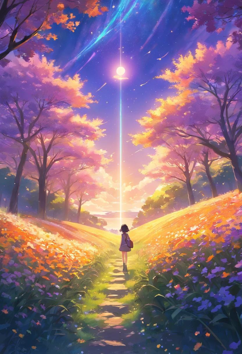 Expansive landscape photograph,(look from down,Above is the sky,Below are open fields),A stood on a flower field and looked up,(moon full:1.2),(Starcloud:1.3),Far Mountain, Tree BREAK making art,(Warm light source:1.2),(glowworm:1.2),lamp lights,Lots of purple and orange,Complicated details,(best qualtiy),4K,ultra - detailed,(dynamic compositions:1.4),detail-rich,plethora of colors,(Irridescent color:1.2),(with light glowing,Atmospheric lighting),dream magical,magical,(独奏:1.