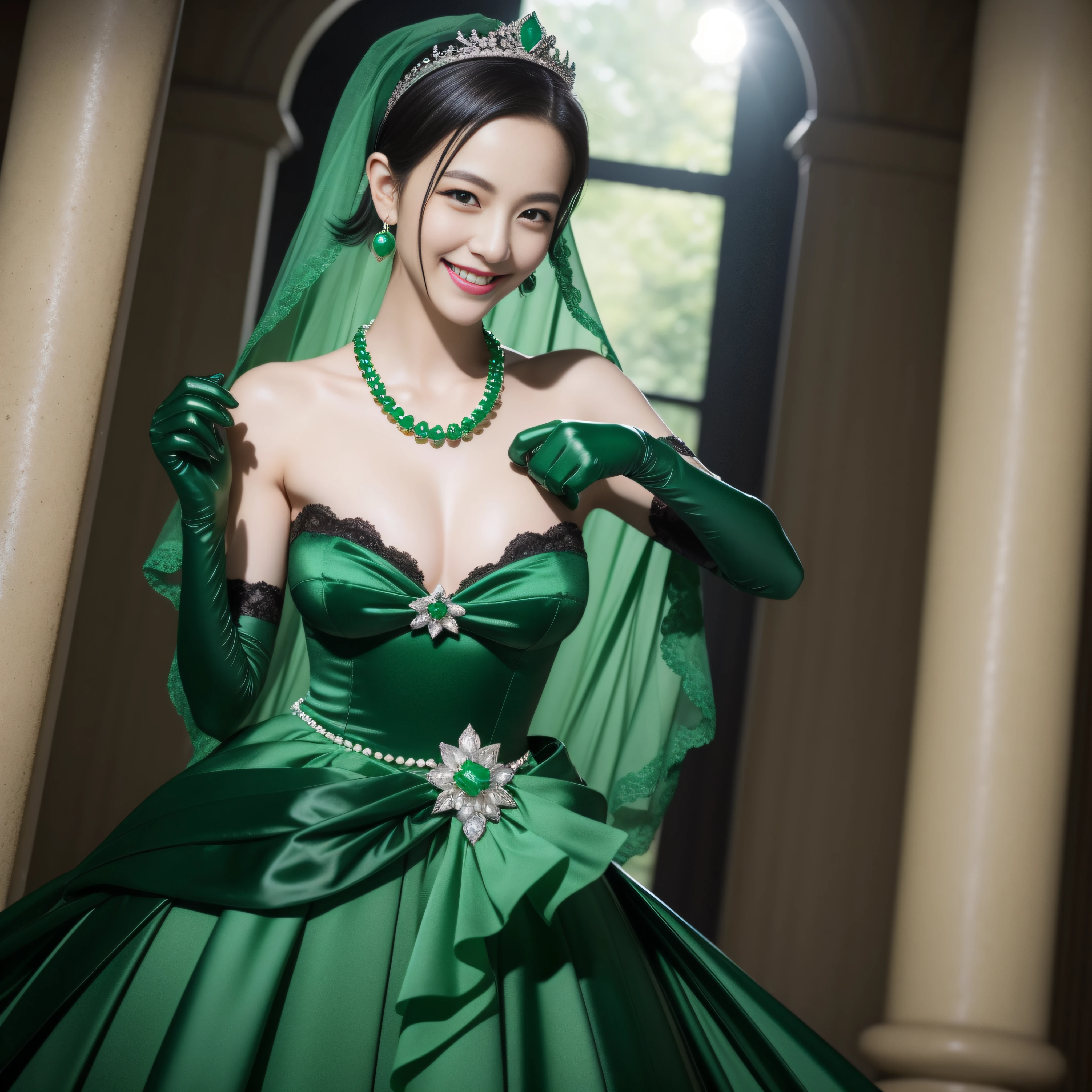 emerald tiara, Green Pearl Necklace, Boyish very short black hair, lipsticks, Japan woman smiling, Long green gloves made of satin material, very short short hair, fist, big breasts beautiful