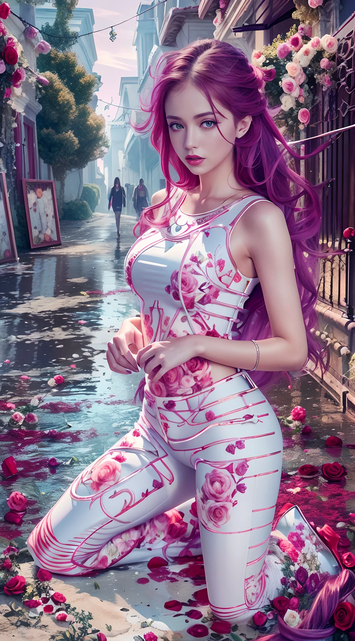 Digital art, by IrinaKapi.
Biocyborg made of flowers and metal, white, long red curly hair, female character, beautiful face, red rose, against the background of destruction and sunset, smooth horizon. Best quality, masterpiece, fantasy realism. Yuumei
