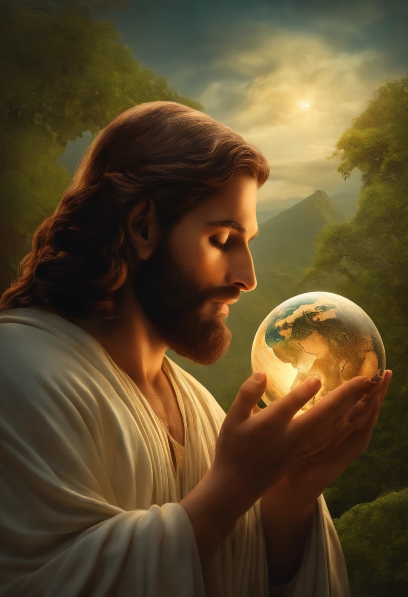 Crie uma obra de arte que retrate Deus Pai e Jesus Cristo, Seu Filho, commemorating the creation of the Earth together. Deus deve ser representado como uma figura majestosa, emanando luz divina, while Jesus is at His side, holding the earth gently in His hands. O planeta deve ser representado com detalhes impressionantes, showing the beauty of his creation. In the scenery, coloque elementos que simbolizem a natureza e a vida na Terra, like trees, animais, rios e montanhas. The scene should convey a sense of joy, Love and gratitude for the creation of the world. A paleta de cores deve ser vibrante e celestial, evoking an atmosphere of celebration and reverence.