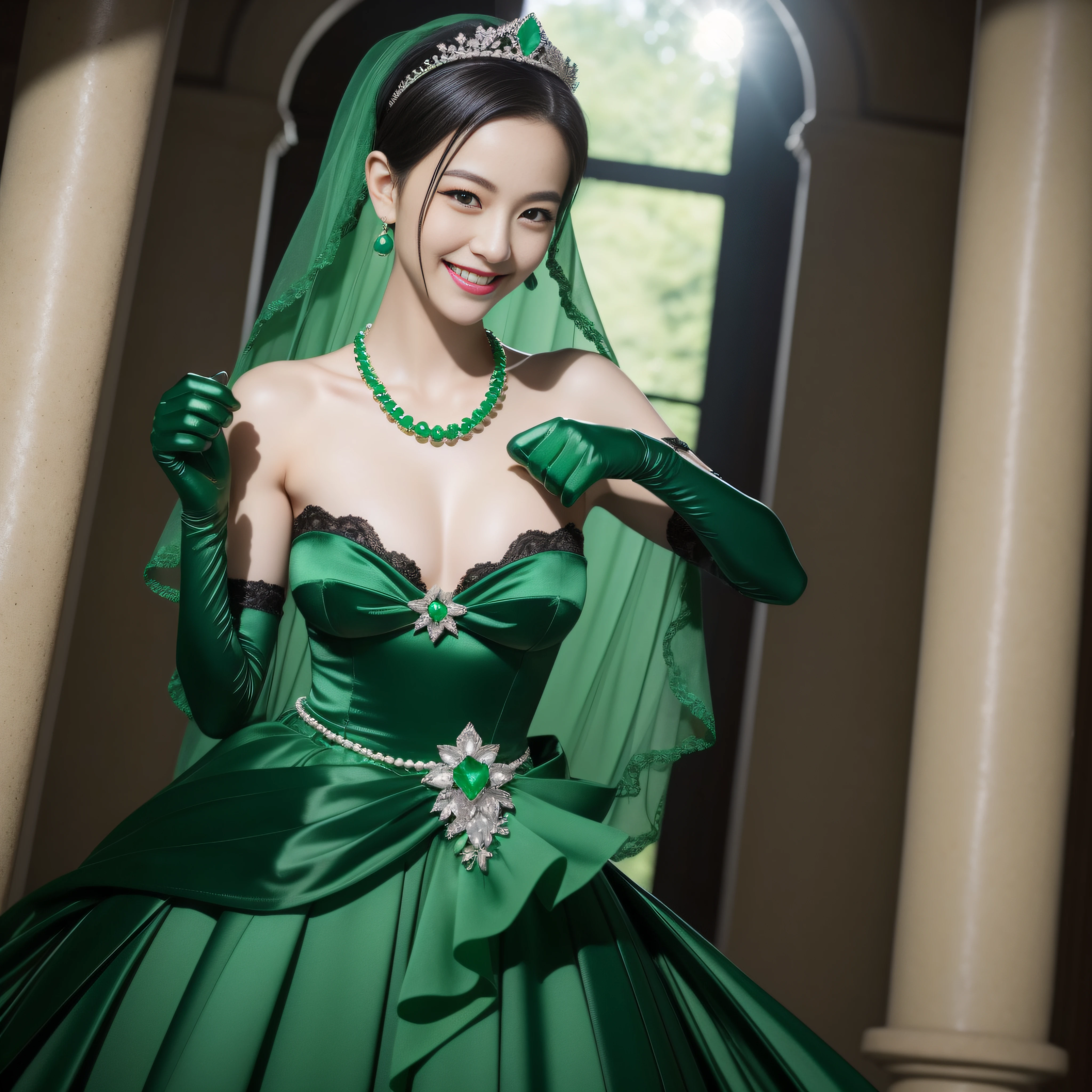 emerald tiara, Green Pearl Necklace, Boyish very short black hair, lipsticks, Japan woman smiling, Long green gloves made of satin material, very short short hair, fist, big breasts beautiful