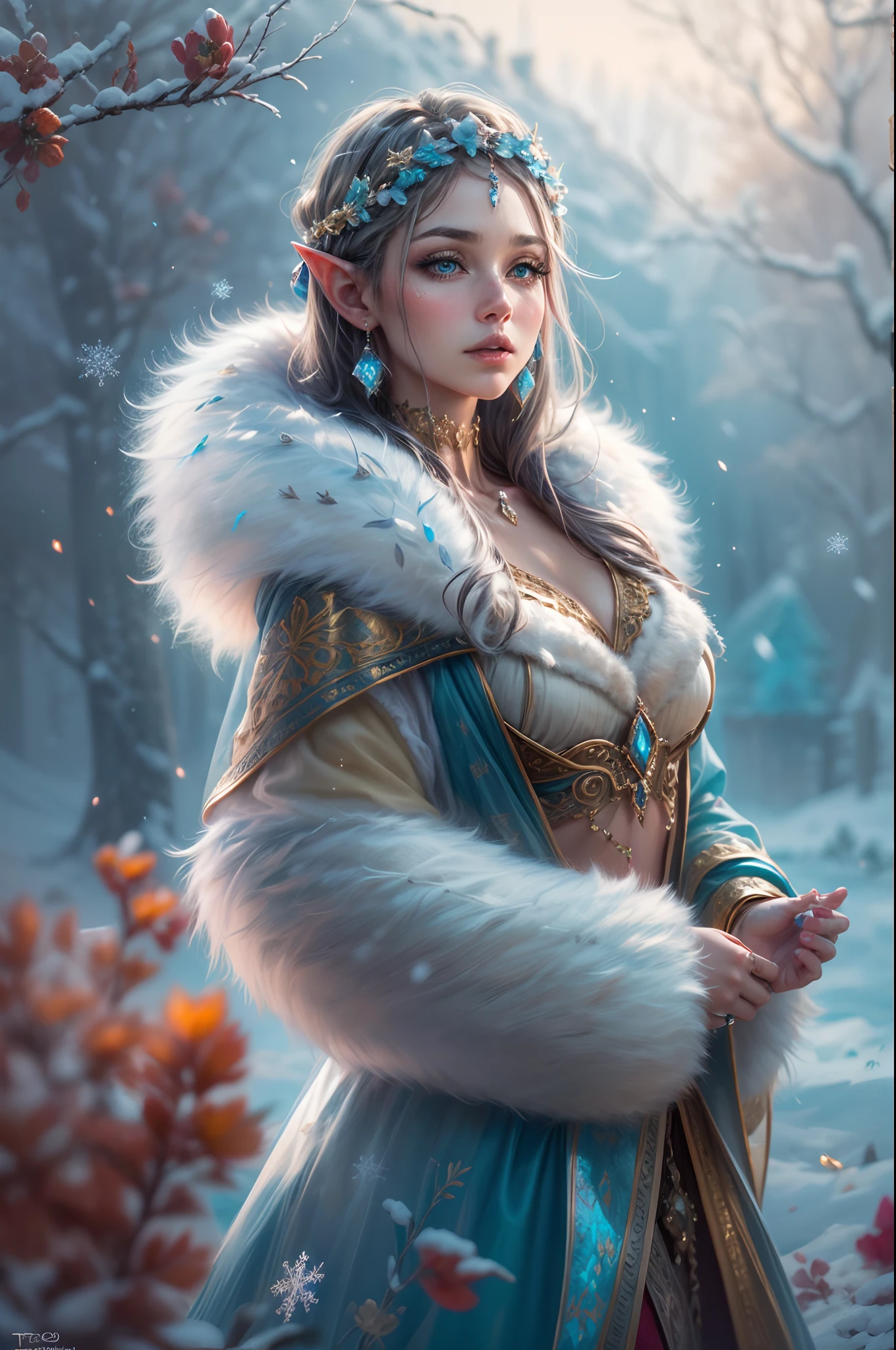 This is a realistic fantasy artwork taking place in a subzero cold winter landscape. Generate a stately, elegant, and graceful Pocahontas elf in a magical world of stunning gilded roses with multicolors and shimmering ice glittering in the light. Her face is elegant and middle-aged and includes realistic shading, incredibly detailed and distinct features, soft puffy and kissable mouth, and (realistic eyes). (Her eyes are important) and should be (beautiful detailed eyes with macro details), realistic details, and a shifting array of beautiful blue colors. Her clothes should be delicately spun from weightless, airy, and expensive gossamer silk with delicate and very subtle floral embroidery, (((many warm layers))), and a variety of complementary colors as well as lots of luxurious fur. Her breasts are subtle and her clothing is very warm and heavy. This image is incredibly creative and emphasizes the beautiful detail of the gilded roses and the pure snow on the ornate ice. Include beautiful detailed snowflakes, icy air, and magical doves. Include pebbles, stones, bumps, glitter, and iridescence. Camera: Utilize dynamic composition techniques to draw the viewer into the scene. Lighting: Enhance the glitter of the snow and ice and emphasize the fantasy winter aspect of the image. Take inspiration from top masters of the genre and trending Midjourney and ArtStation art.