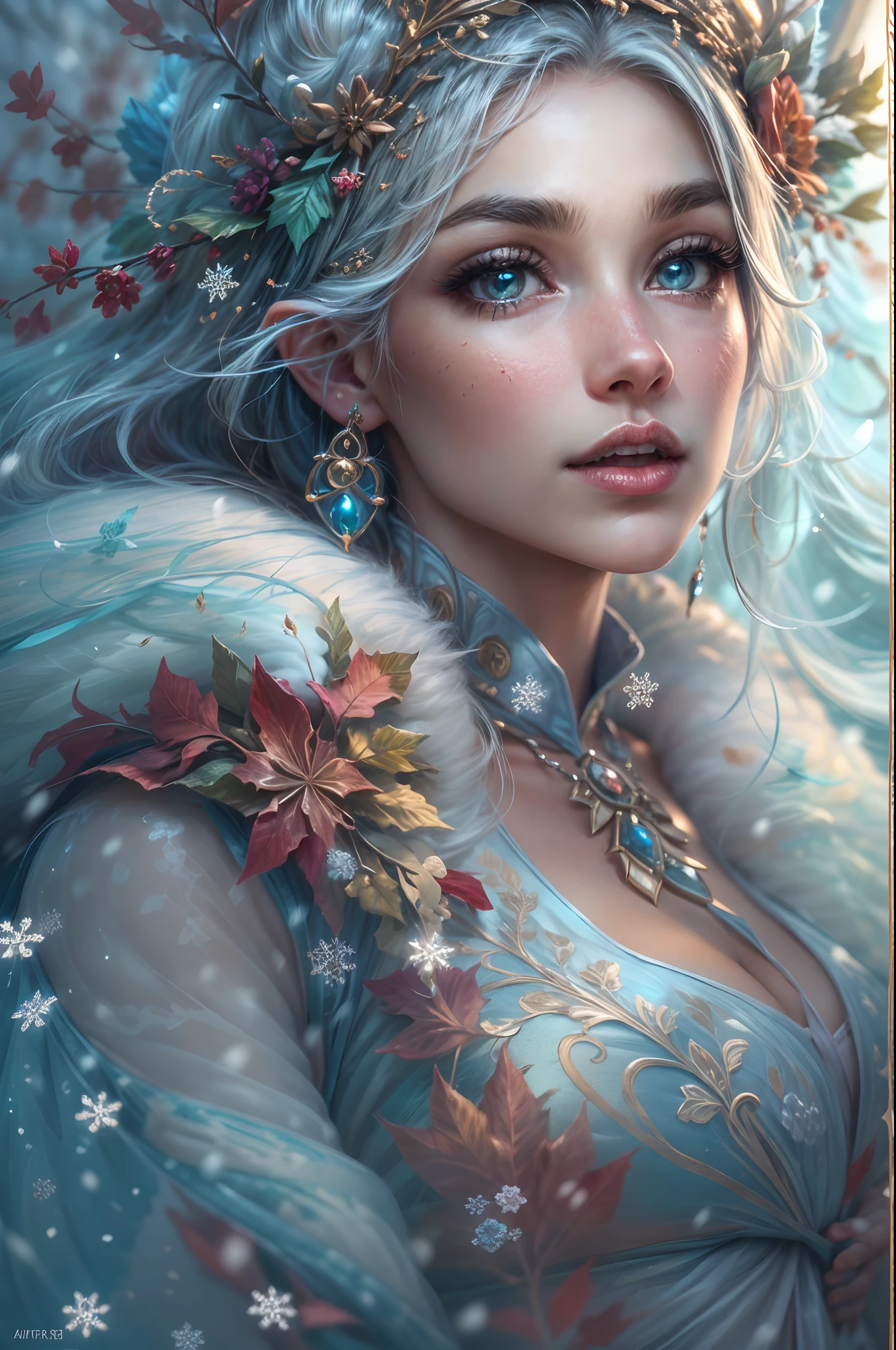 This is a realistic fantasy artwork taking place in a subzero cold winter landscape. Generate a stately, elegant, and graceful Pocahontas elf in a magical world of stunning gilded roses with multicolors and shimmering ice glittering in the light. Her face is elegant and middle-aged and includes realistic shading, incredibly detailed and distinct features, soft puffy and kissable mouth, and (realistic eyes). (Her eyes are important) and should be (beautiful detailed eyes with macro details), realistic details, and a shifting array of beautiful blue colors. Her clothes should be delicately spun from weightless, airy, and expensive gossamer silk with delicate and very subtle floral embroidery, (((many warm layers))), and a variety of complementary colors as well as lots of luxurious fur. Her breasts are subtle and her clothing is very warm and heavy. This image is incredibly creative and emphasizes the beautiful detail of the gilded roses and the pure snow on the ornate ice. Include beautiful detailed snowflakes, icy air, and magical doves. Include pebbles, stones, bumps, glitter, and iridescence. Camera: Utilize dynamic composition techniques to draw the viewer into the scene. Lighting: Enhance the glitter of the snow and ice and emphasize the fantasy winter aspect of the image. Take inspiration from top masters of the genre and trending Midjourney and ArtStation art.