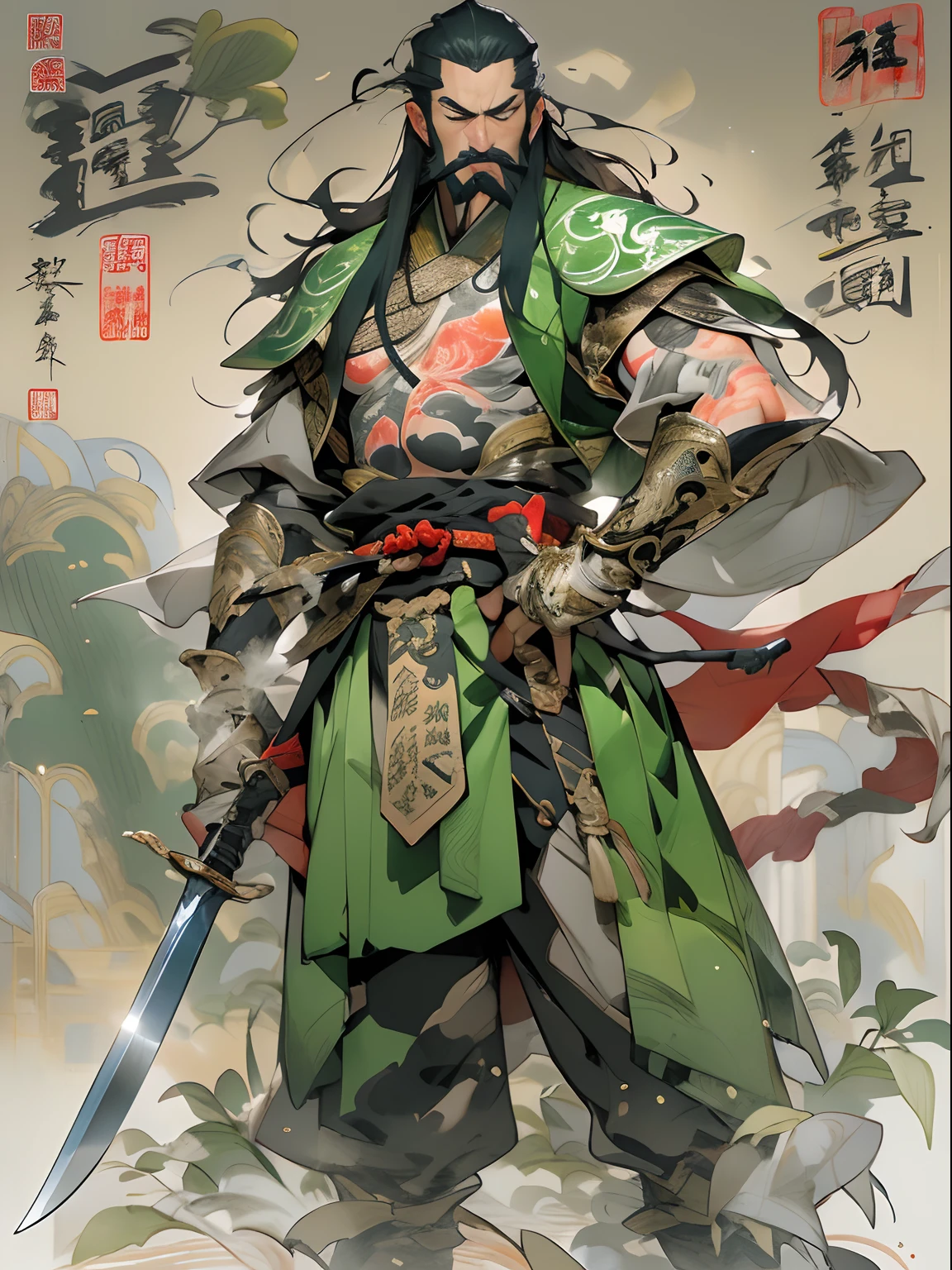 (((China-style,Ink painting method,Half-length portrait,Intense color,Han dynasty, China,Hanfu,Armor,Guan yu,Guan Yunchang,of a guy,Ruddy killing square face,Hold it with your right hand(Close the knife)Qinglong Weir Moon Knife,Stroke your beard with your left hand,Long hair,petty eyes,Green robe))), (((best qualityer))), (((tmasterpiece))), (((AS-Adult))), ((( Japanese ))), Look up from your knees, Handsome Asian samurai,perfect body figure, Modern samurai, ((( Asian))), Wear gloves on your hands,The left arm is made of steel and metal tips,Made of protective devices, The eyes are pulled, (( Appears below the chest )), (( Small dental floss )), Simon Bisley, Almost naked(Simon Bisley)Castle City Wilderness,For high-resolution posters, hair straight, Minimum clothing, armure (Crazy clothes ), Full of tips and rivets, tribal tattoos, (((full bodyesbian))), Straight brunette hair,Colored hair ends