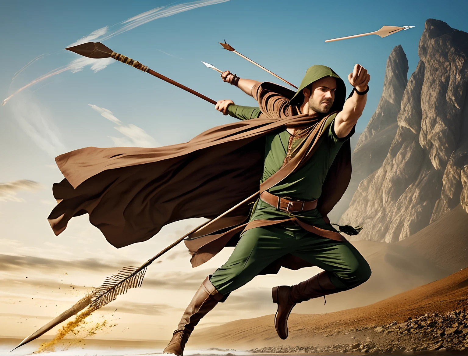 Robin Hood in fluid motion, cloaked in earthy hues, arrows soaring through the air in a burst of vibrant energy.