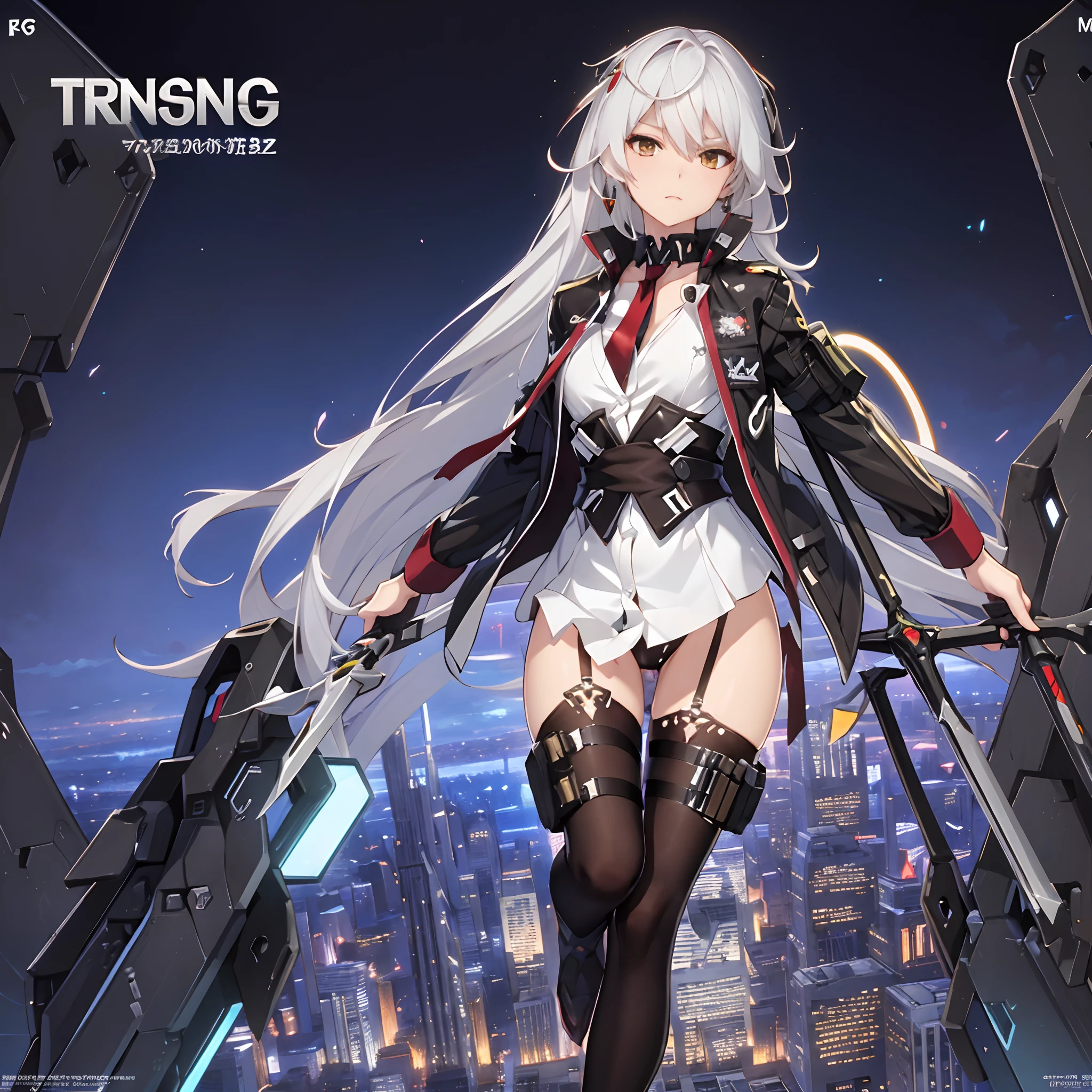 masterpiece, (best quality), (ultra-detailed), (ultra-realistic:1.2), landscape, sci-fi, transistorpunk, cyberpunk, biopunk, (magazine cover:1.4), (gray, white), female huge robot, visor, earring, mechanical angel wings on the back, angel wings, future town, dynamic pose, dynamic angle, small breasts, luxury, (gold, silver, green), neonmasterpiece, (best quality), (ultra-detailed), (ultra-realistic:1.2), landscape, sci-fi, transistorpunk, cyberpunk, biopunk, (magazine cover:1.4), (gray, white), 8k, UHD, The alone long waist white hair woman as the lone character as a magazine, yellow eyes, gold eyes, hair accessory, floating alone , high resolution, sci-fi city , Hyper detail mature face, black strapless bodysuit, white shirt, black panty, black jacket, black glove, ultra sharp, red necktie, black string full leg stocking, black string high thigh kneesock , exposed leg , black boot, feet visible, Hand Visible , twin sword, twin floating equipment, detail finger, 5 finger, Shooting pose,action pose,explosion effect, a determined expression on her face。