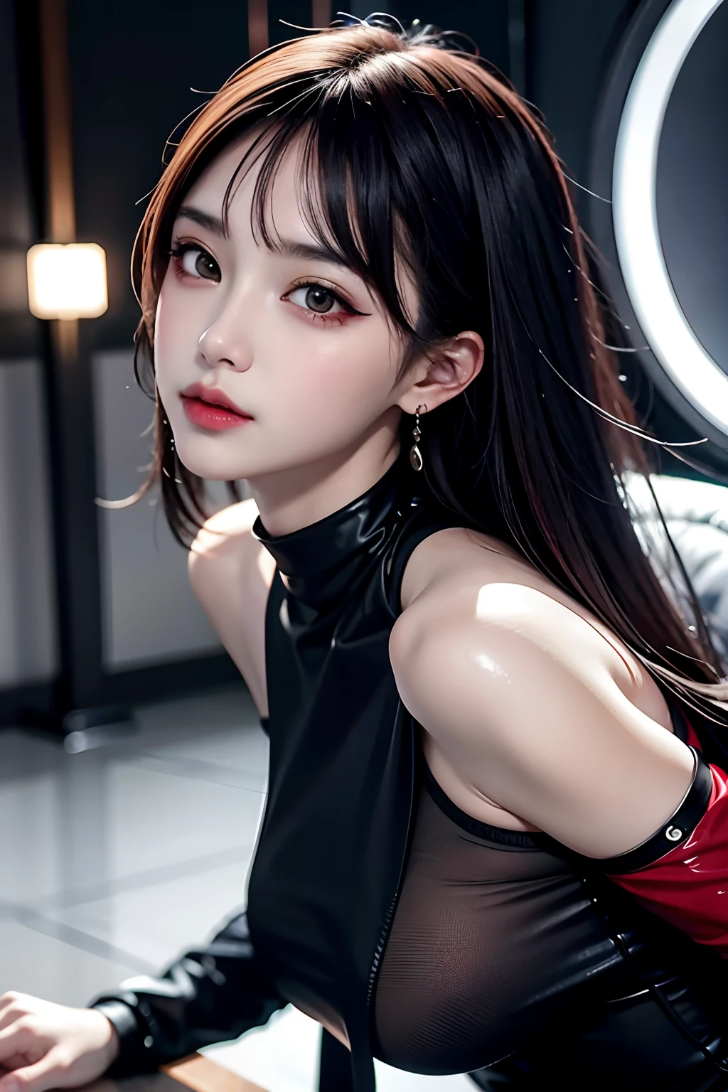 (hyper realstic)、Modern kunoichi、(Female Ninja of the 21st Century)、Beautie high-level image quality hight resolution (Realistic) Shorthair、Woman with dark hair、A MILF、Middle-aged woman、Big big、Detailed red-black 、detailed skin textures、超A high resolution、Realistic、Voluptuous body shape、angry looking face、Middle-aged beauty、Beautiful expression、With detailed red-black areola 、detailed brown eyes、long fluffy hair、Kamimei、Very delicate and detailed skin texture、35 years old、{There is a helipad at night((Being on the roof of a skyscraper))}、Modern kunoichi、Large cleavage、Large open neckline、bright red lips、Wearing a luxurious and luxurious ninja kimono in Gun Metallic、ear ornament、Silver collar and necklace、gorgeous hair decoration、