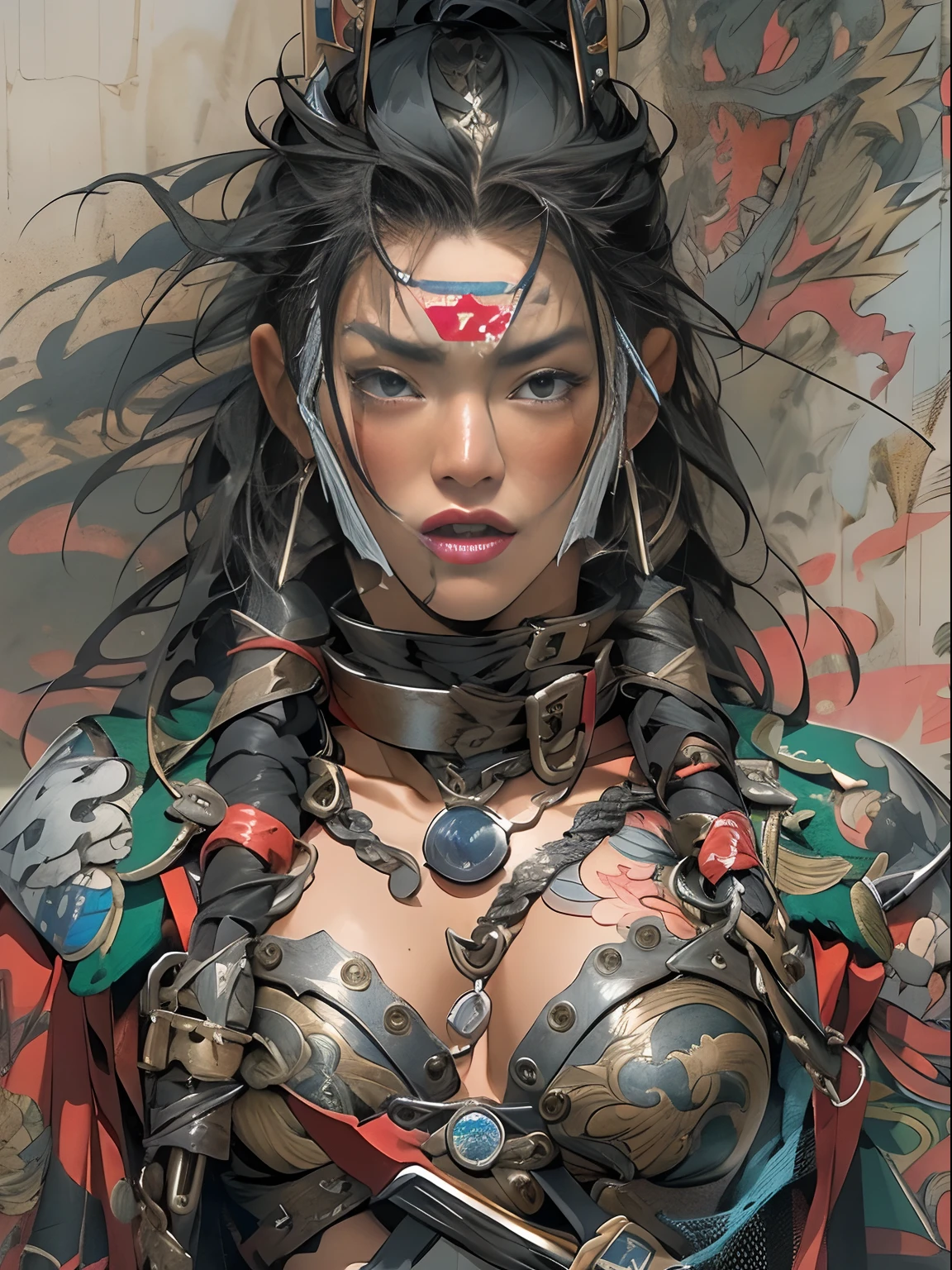 (((mtu))), (((best qualityer))), (((tmasterpiece))), (((AS-Adult))), ((( Japanese ))), Look up from your knees, Handsome Asian samurai,perfect body figure, Modern samurai, ((( Asian))), Wear gloves on your hands,The left arm is made of steel and metal tips,Made of protective devices, The eyes are pulled, (( Appears below the chest )), (( Small dental floss )), Simon Bisley, Almost naked(Simon Bisley)Castle City Wilderness,For high-resolution posters, hair straight, Minimum clothing, armure (Crazy clothes ), Full of tips and rivets, tribal tattoos, (((full bodyesbian))), Straight brunette hair,Colored hair ends