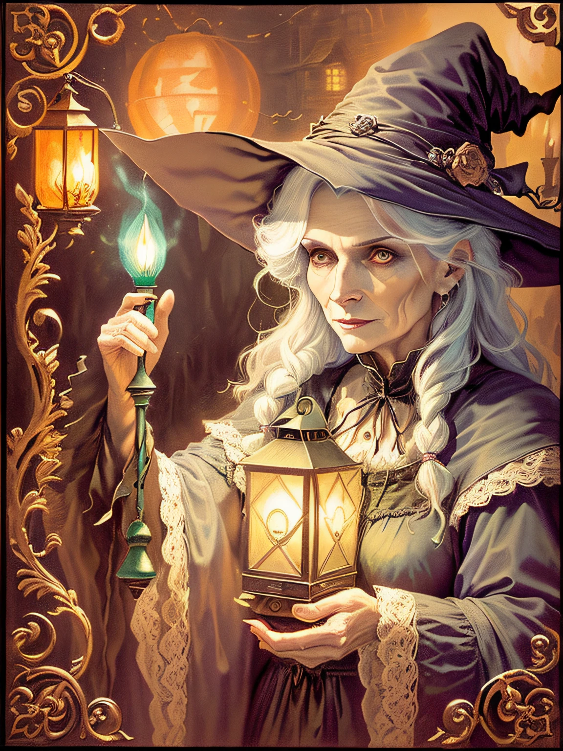 painting of a witch with a lantern in her hand, granny weatherwax, witch, portrait of a witch, wicked witch of the west, a witch, bright witch, casting a spell, scarry but bewitching, witch woman, full color illustration, classical witch, middle-aged witch, the witch conjure, witchy, casting a spell on a potion