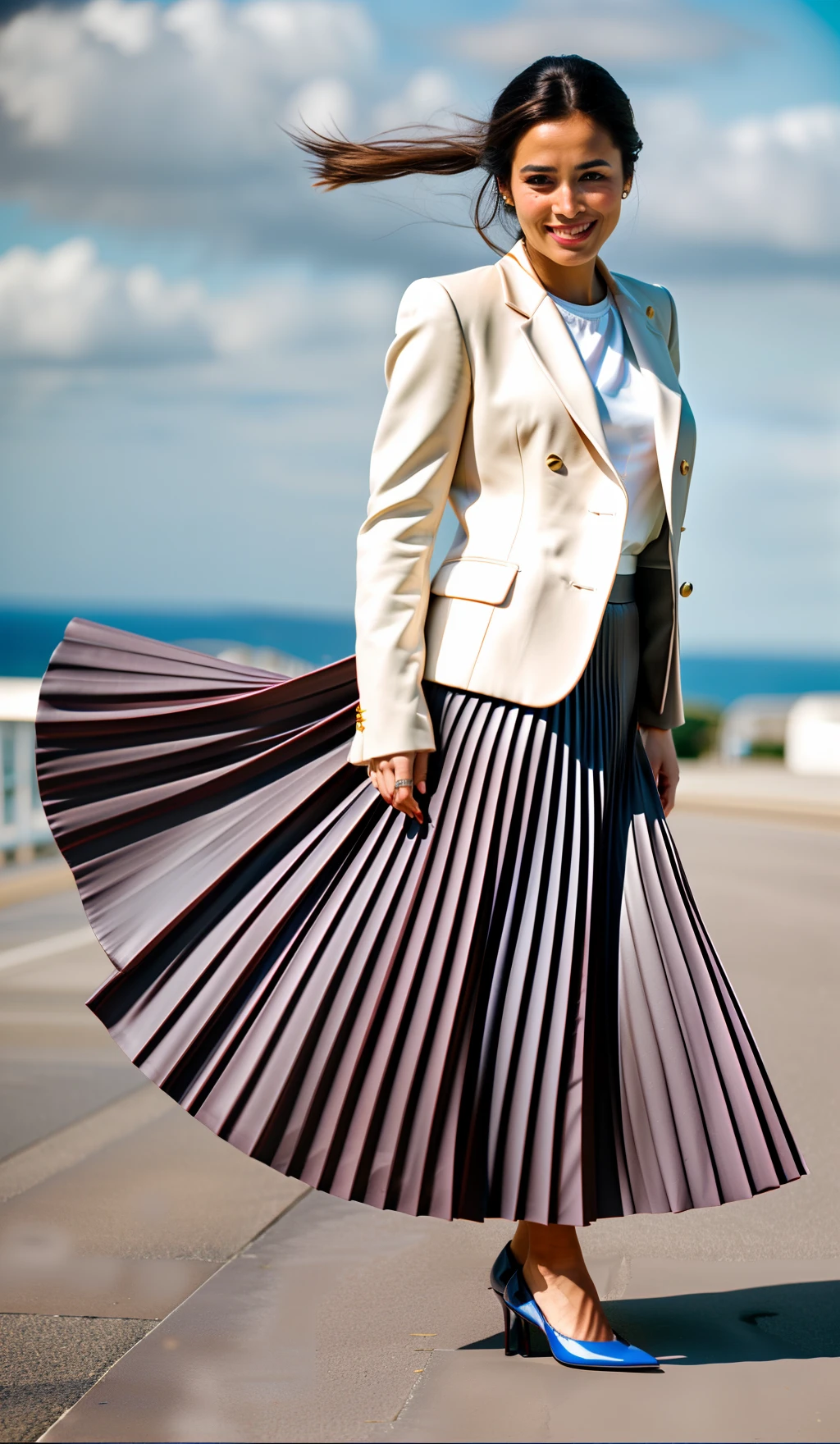 very (flirty:1,8) smiling good woman wearing short blazer and very very detailed (long (fully pleated) full circle skirt) and (simple) low heeled office shoes, very very intricate hyper-detailed symmetric (attractive graceful young feminine face) with (sad, tired eyes and a shy smile), large breasts, full of empathy and compassion and love, (pronounced (feminine) features), (highly detailed ultra accurate realistic) hands and fingers, (windy conditions and wind blowing), epic composition, highly detailed attributes, highly detailed atmosphere, (35mm f1.4 Kodak portra 400 photograph), extremely high quality RAW photograph,