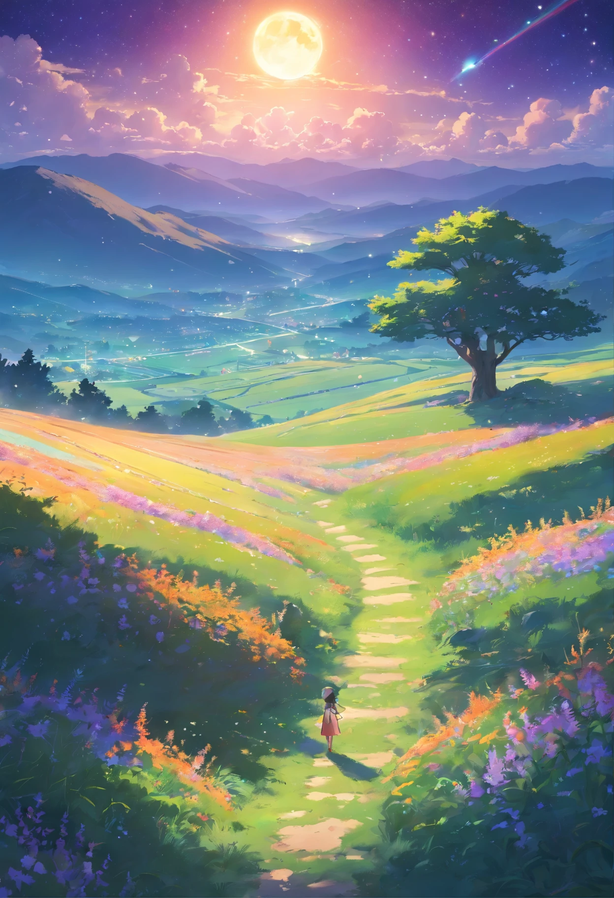 Expansive landscape photograph,(look from down,Above is the sky,Below are open fields),A little girl stood on a flower field and looked up,(moon full:1.2),(Starcloud:1.3),Far Mountain, Tree BREAK making art,(Warm light source:1.2),(glowworm:1.2),lamp lights,Lots of purple and orange,Complicated details,(best qualtiy),4K,ultra - detailed,(dynamic compositions:1.4),detail-rich,plethora of colors,(Irridescent color:1.2),(with light glowing,Atmospheric lighting),dream magical,magical,(独奏:1.