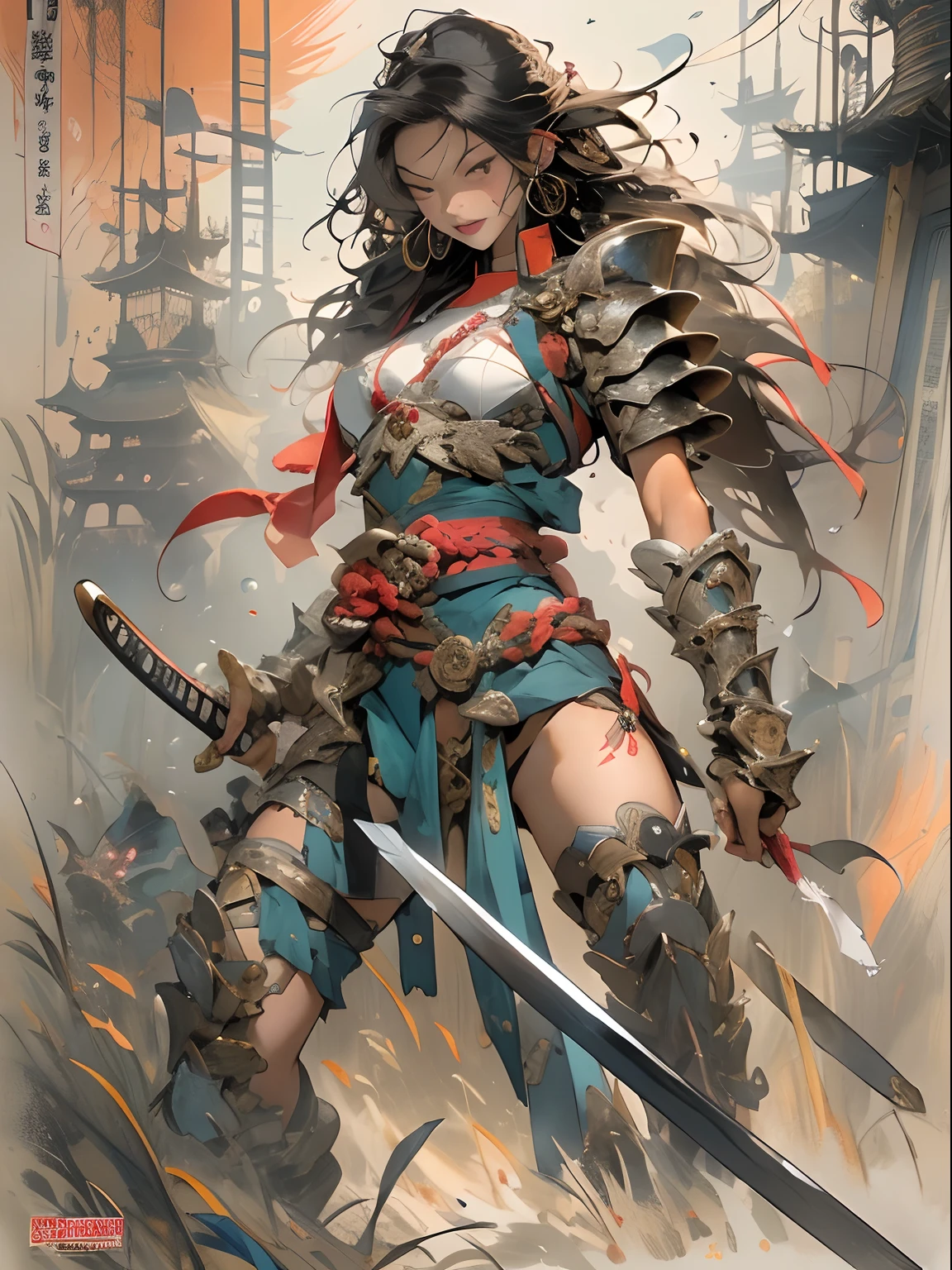 (((woman))), (((best qualityer))), (((tmasterpiece))), (((AS-Adult))), ((( Japanese ))), Look up from your knees, A beautiful asian samurai woman with perfect body, Modern samurai, ((( Asian))), Wear gloves on your hands,The left arm is made of steel and metal tips,Made of protective devices, The eyes are pulled, (( Appears below the breast )), (( Small dental floss )), Simon Bisley, Almost naked(Simon Bisley)Castle City Wilderness,For high-resolution posters, hair straight, Minimum clothing, armure (Crazy clothes ), Full of tips and rivets, tribal tattoos, (((full bodyesbian))), Straight brunette hair,Colored hair ends