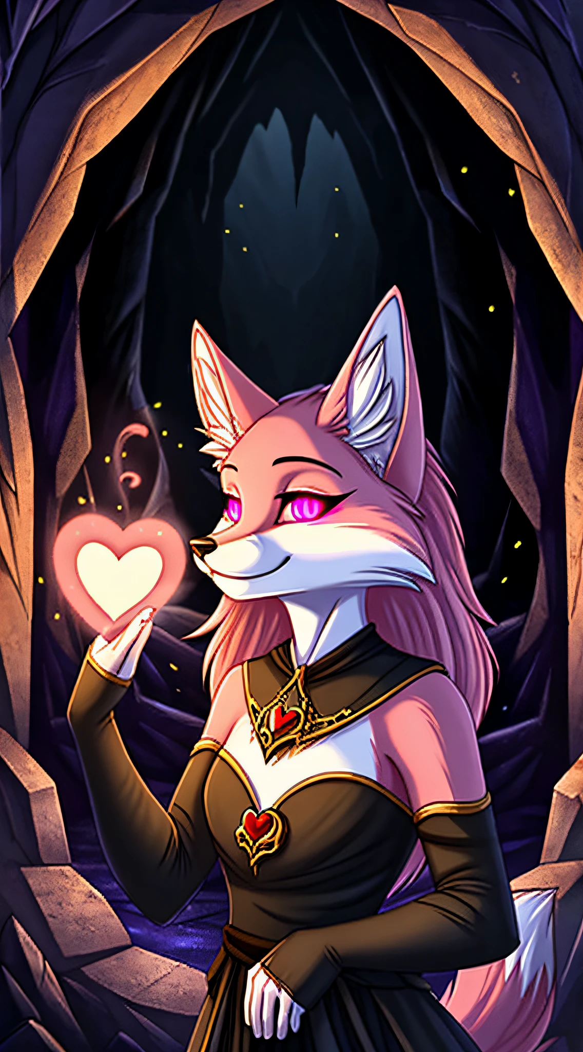 zoomed out image, fantasy style art, an attractive and shapely adult feminine anthropomorphic fox, light pink fur, glowing pink heart eyes, heart eyes, blowing a kiss, wearing a witch's outfit, using love magic, winking, smiling evilly, in a dark cave, creepy, digital illustration