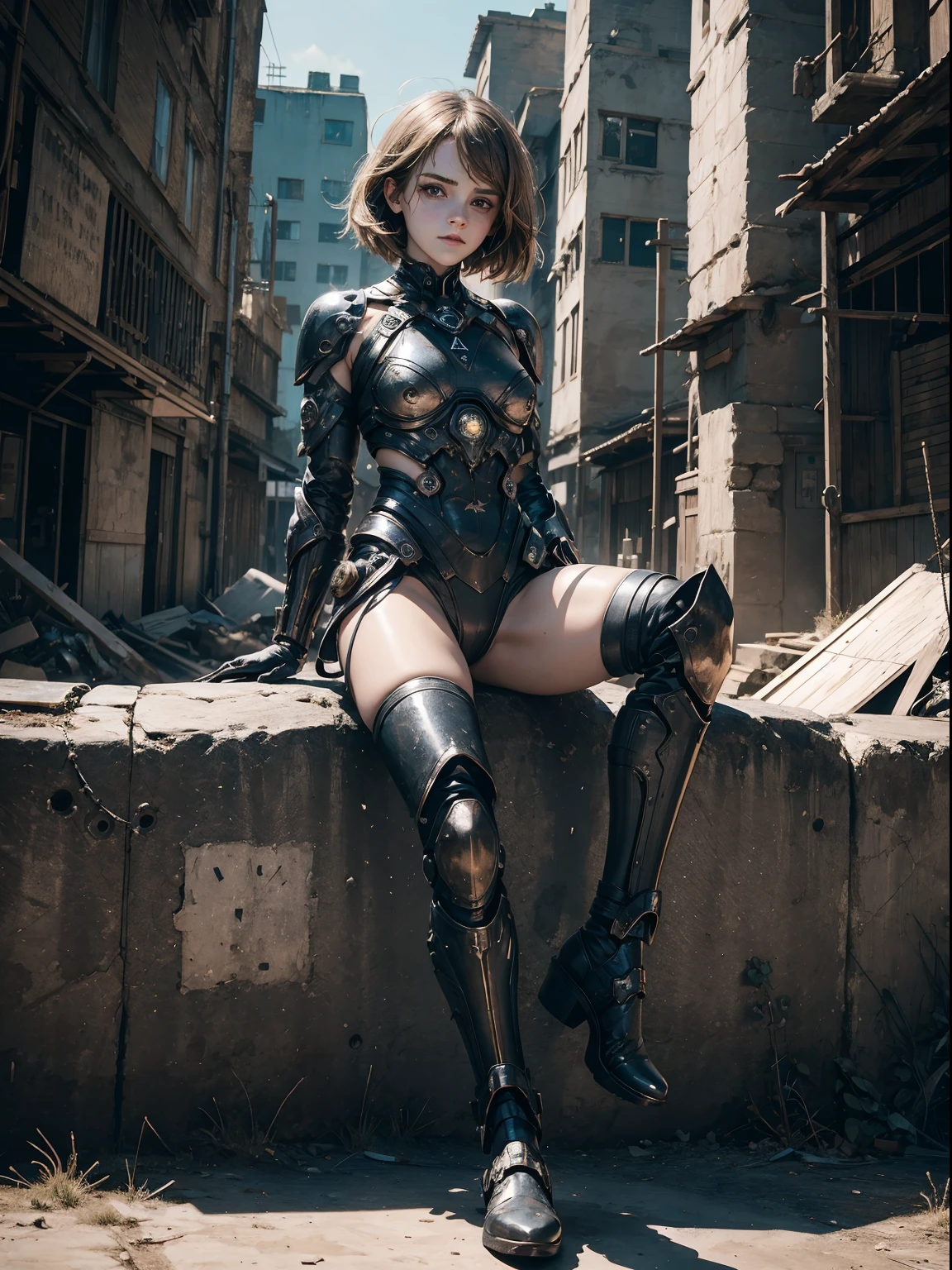 beautiful emma watson as a cyborg girl sitting on a fence as a captivating figure amidst the desolation. shiny boots. her physical appearance tells a story of tragic transformation, evoking both fascination and a sense of unease. the cyborg girl remain youthful among the relentless grip of death. herflesh, still vibrant and alive, now hangs in tattered shreds, exposing patches of decomposed flesh and bone beneath