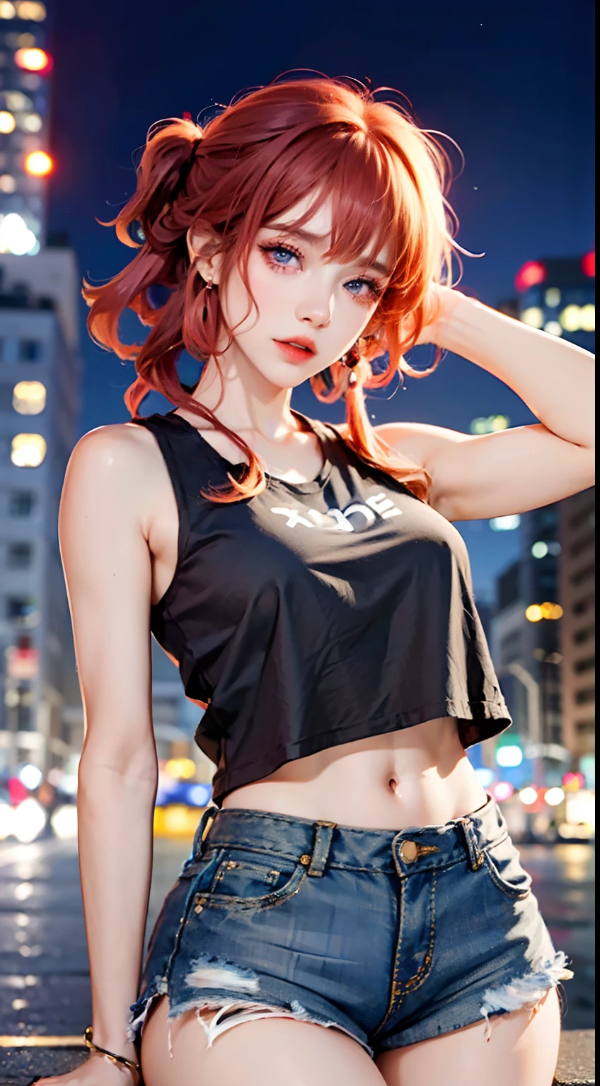 1girl, (posing), slightly open mouth, 23 years old, (one hand behind her own head:1.2), (night cityscape), (blurry background), (navel), (sleeveless black cotton t-shirt), (black denim shorts), (J thighs), (extremely detailed face), (extremely detailed eyes), focus on face and torso, (ginger hair:1.4), twintails, blue eyes, (looking at viewer:2), Eyeshadow, lipstick