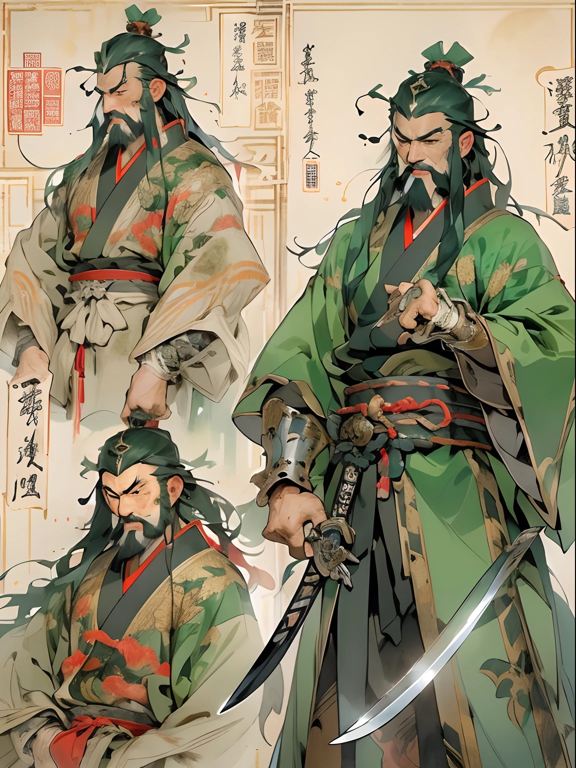 (((China-style,Ink painting method,Half-length portrait,Intense color,Han dynasty, China,Hanfu,Armor,Guan yu,Guan Yunchang,of a guy,Ruddy killing square face,Hold it with your right hand(Close the knife)Qinglong Weir Moon Knife,Stroke your beard with your left hand,Long hair,petty eyes,Green robe))), (((best qualityer))), (((tmasterpiece))), (((AS-Adult))), ((( Japanese ))), Look up from your knees, Handsome Asian samurai,perfect body figure, Modern samurai, ((( Asian))), Wear gloves on your hands,The left arm is made of steel and metal tips,Made of protective devices, The eyes are pulled, (( Appears below the chest )), (( Small dental floss )), Simon Bisley, Almost naked(Simon Bisley)Castle City Wilderness,For high-resolution posters, hair straight, Minimum clothing, armure (Crazy clothes ), Full of tips and rivets, tribal tattoos, (((full bodyesbian))), Straight brunette hair,Colored hair ends