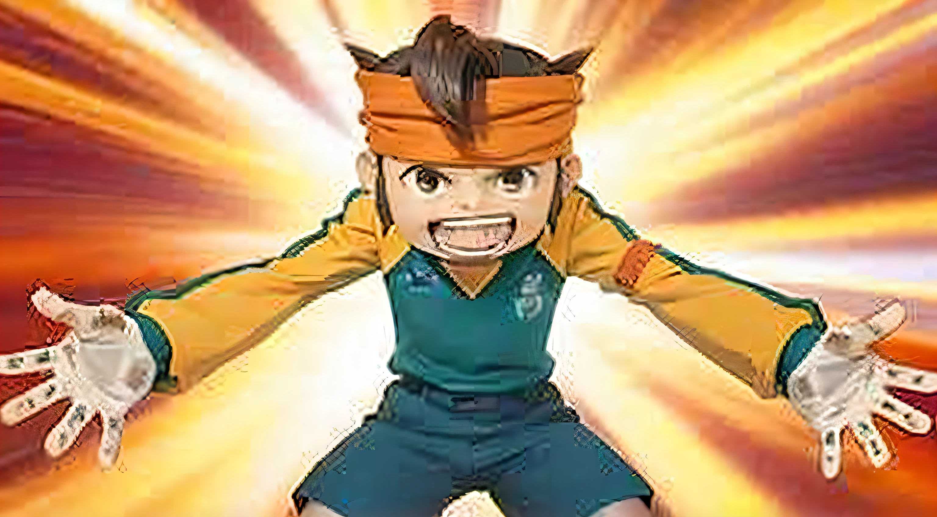 asian man with brown hair and a orange hairband, green and orange gooalkeper uniform, enthusiastic.