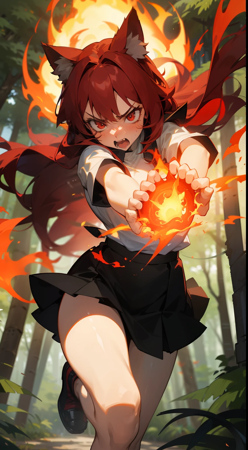 1girl ,20s,angry face,white shirt,black skirt,medium tits,red hair,long hair,red eyes,Cat ears(((running in a forest))),(((casting magic fire,hidding hands))),masterpiece,hd,4k