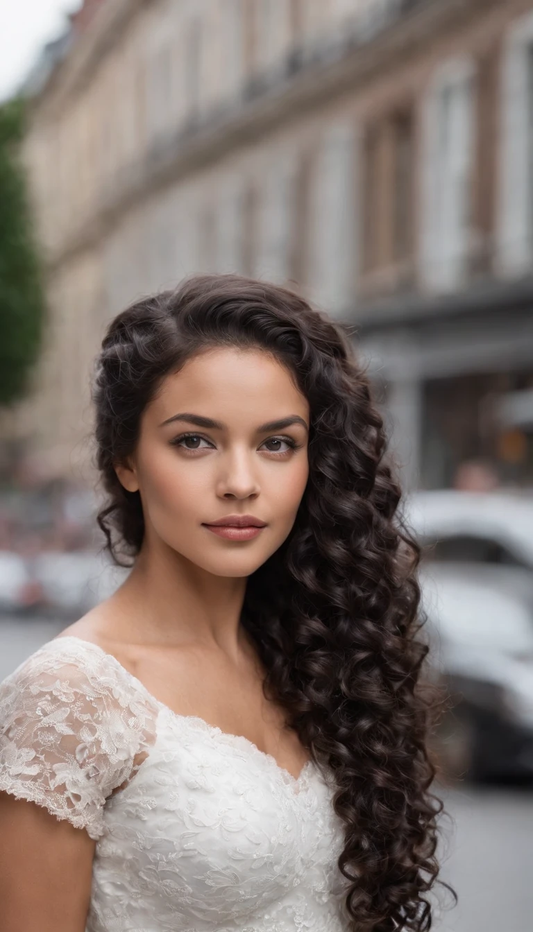 A beautiful and amazing black Brazilian woman,Portrait of the upper body,Kostenlose Locken, schwarzes lockiges Haar, (dunkles, Shorter, lockiges Haar), Wildes schwarzes langes lockiges Haar, Multiversales Haar, Brasilianisch, Kurzes schwarzes lockiges Haar, Lockiges schwarzes Haar, Locken, welliges Haar ausgebreitet, Barocke Locken, Locken, Lockig, Helles, lockiges Haar, Haarstruktur, lockiger Pony full body pic in white in downtown