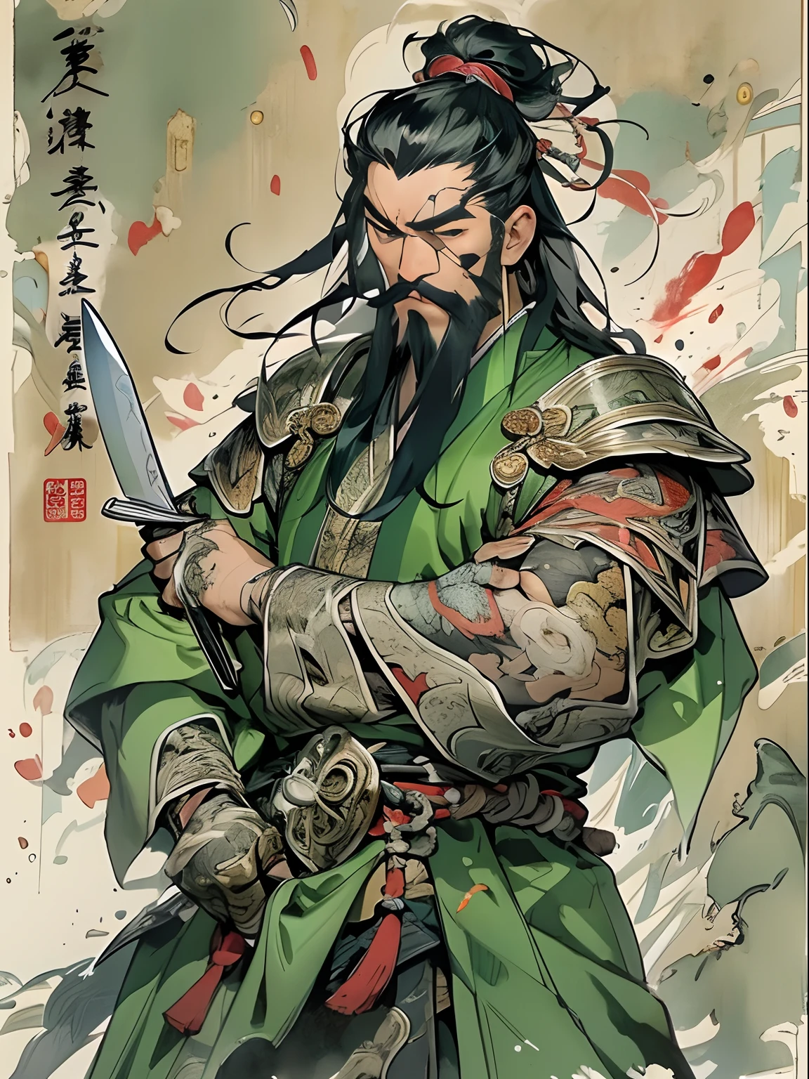 (((China-style，Ink painting method，Half-length portrait，Intense color，Han dynasty, China，Hanfu，Armor，Guan yu，Guan Yunchang，of a guy，Ruddy killing square face，Hold it with your right hand(Close the knife)Qinglong Weir Moon Knife，Stroke your beard with your left hand，Long hair，petty eyes，Green robe))), (((best qualityer))), (((tmasterpiece))), (((AS-Adult))), ((( Japanese ))), Look up from your knees, Handsome Asian samurai，perfect body figure, Modern samurai, ((( Asian))), Wear gloves on your hands，The left arm is made of steel and metal tips，Made of protective devices, The eyes are pulled, (( Appears below the chest )), (( Small dental floss )), Simon Bisley, Almost naked（Simon Bisley）Castle City Wilderness，For high-resolution posters, hair straight, Minimum clothing, armure (Crazy clothes ), Full of tips and rivets, tribal tattoos, (((full bodyesbian))), Straight brunette hair，Colored hair ends