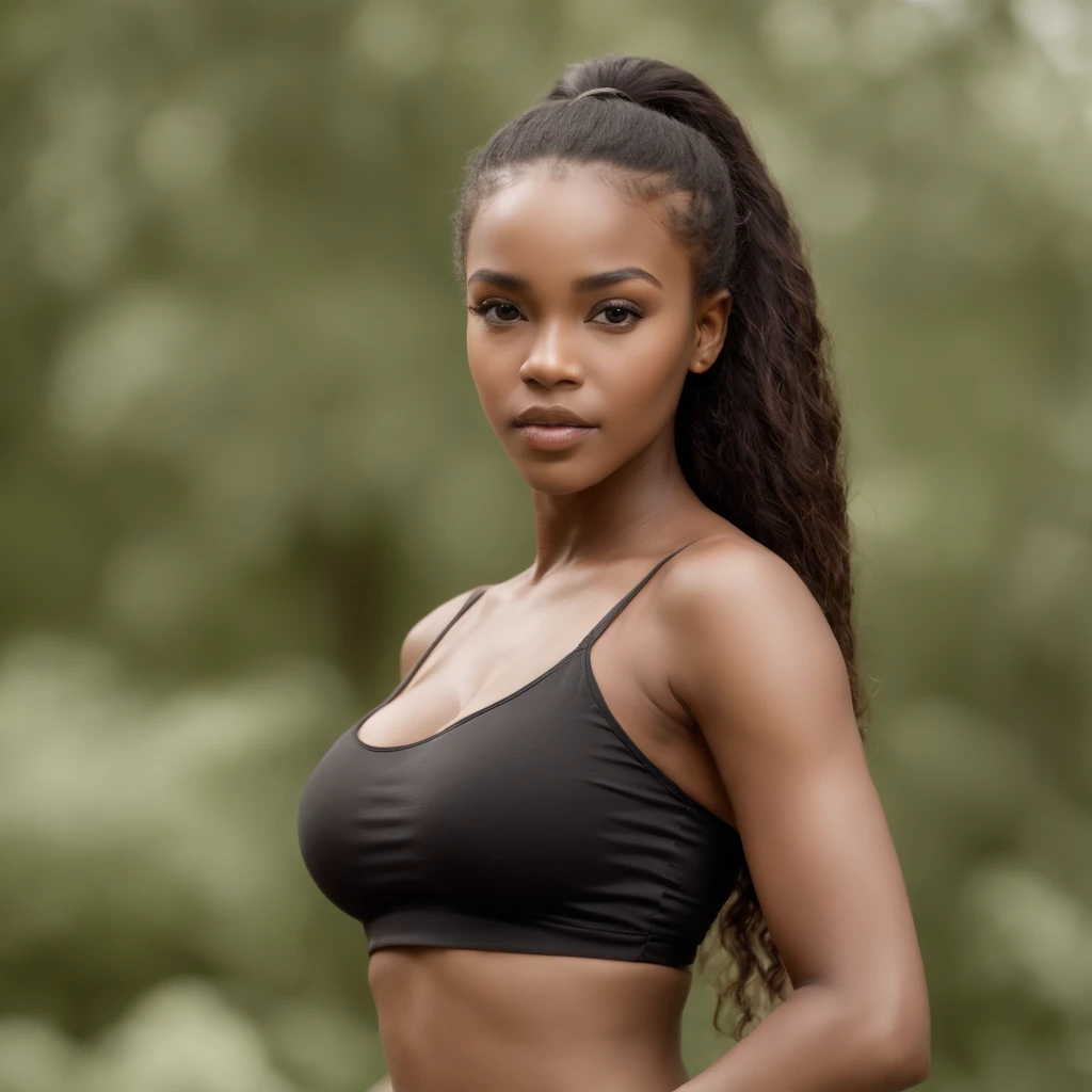 best quality, high detail, (detailed face), detailed eyes,((best quality, masterpiece)), ((2 caramel skinned African girl)), bra, (arms at side:1.2), groin,big hip bones, ponytail, black hair, (((underboob))), standing, outdoors, facing side ways