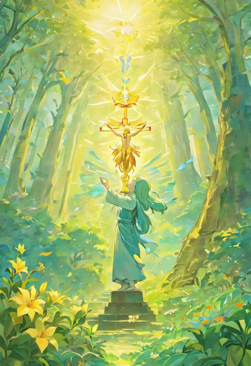 Crie uma obra de arte que retrate Deus Pai e Jesus Cristo, Seu Filho, commemorating the creation of the Earth together. Deus deve ser representado como uma figura majestosa, emanando luz divina, while Jesus is at His side, holding the earth gently in His hands. O planeta deve ser representado com detalhes impressionantes, showing the beauty of his creation. In the scenery, coloque elementos que simbolizem a natureza e a vida na Terra, like trees, animais, rios e montanhas. The scene should convey a sense of joy, Love and gratitude for the creation of the world. A paleta de cores deve ser vibrante e celestial, evoking an atmosphere of celebration and reverence.