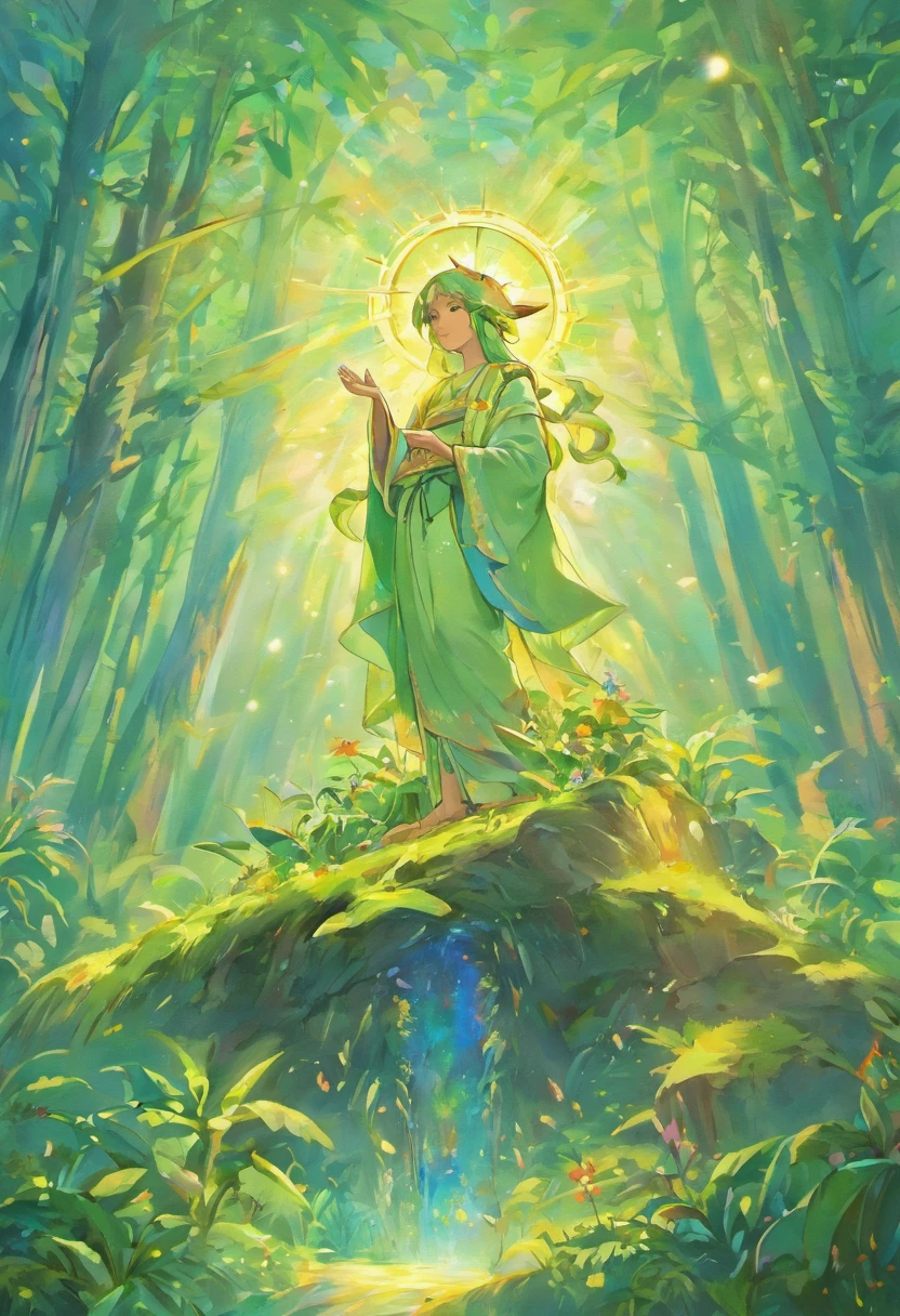 Crie uma obra de arte que retrate Deus Pai e Jesus Cristo, Seu Filho, commemorating the creation of the Earth together. Deus deve ser representado como uma figura majestosa, emanando luz divina, while Jesus is at His side, holding the earth gently in His hands. O planeta deve ser representado com detalhes impressionantes, showing the beauty of his creation. In the scenery, coloque elementos que simbolizem a natureza e a vida na Terra, like trees, animais, rios e montanhas. The scene should convey a sense of joy, Love and gratitude for the creation of the world. A paleta de cores deve ser vibrante e celestial, evoking an atmosphere of celebration and reverence.