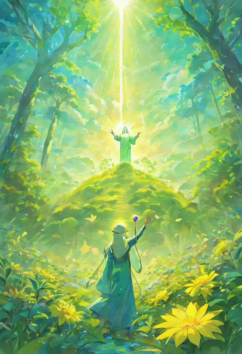 Crie uma obra de arte que retrate Deus Pai e Jesus Cristo, Seu Filho, commemorating the creation of the Earth together. Deus deve ser representado como uma figura majestosa, emanando luz divina, while Jesus is at His side, holding the earth gently in His hands. O planeta deve ser representado com detalhes impressionantes, showing the beauty of his creation. In the scenery, coloque elementos que simbolizem a natureza e a vida na Terra, like trees, animais, rios e montanhas. The scene should convey a sense of joy, Love and gratitude for the creation of the world. A paleta de cores deve ser vibrante e celestial, evoking an atmosphere of celebration and reverence.