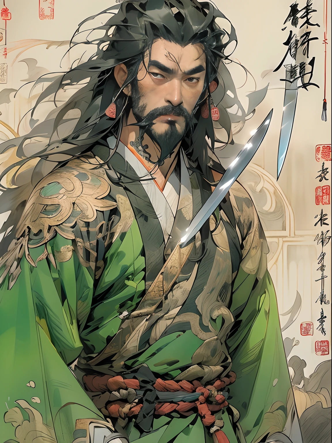 (((China-style,Ink painting method,Half-length portrait,Intense color,Han dynasty, China,Hanfu,Armor,Guan yu,Guan Yunchang,of a guy,Ruddy killing square face,Hold it with your right hand(Close the knife)Qinglong Weir Moon Knife,Stroke your beard with your left hand,Long hair,petty eyes,Green robe))), (((best qualityer))), (((tmasterpiece))), (((AS-Adult))), ((( Japanese ))), Look up from your knees, Handsome Asian samurai,perfect body figure, Modern samurai, ((( Asian))), Wear gloves on your hands,The left arm is made of steel and metal tips,Made of protective devices, The eyes are pulled, (( Appears below the chest )), (( Small dental floss )), Simon Bisley, Almost naked(Simon Bisley)Castle City Wilderness,For high-resolution posters, hair straight, Minimum clothing, armure (Crazy clothes ), Full of tips and rivets, tribal tattoos, (((full bodyesbian))), Straight brunette hair,Colored hair ends