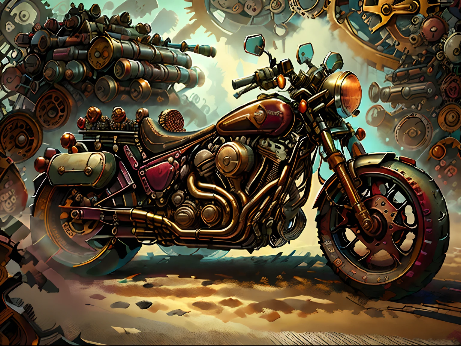 Harley-Davidson Estrada Rei,(total view) ,Mad Max CogPunkAI ,Cores 64 k, (laranja,portanto ),4D ,