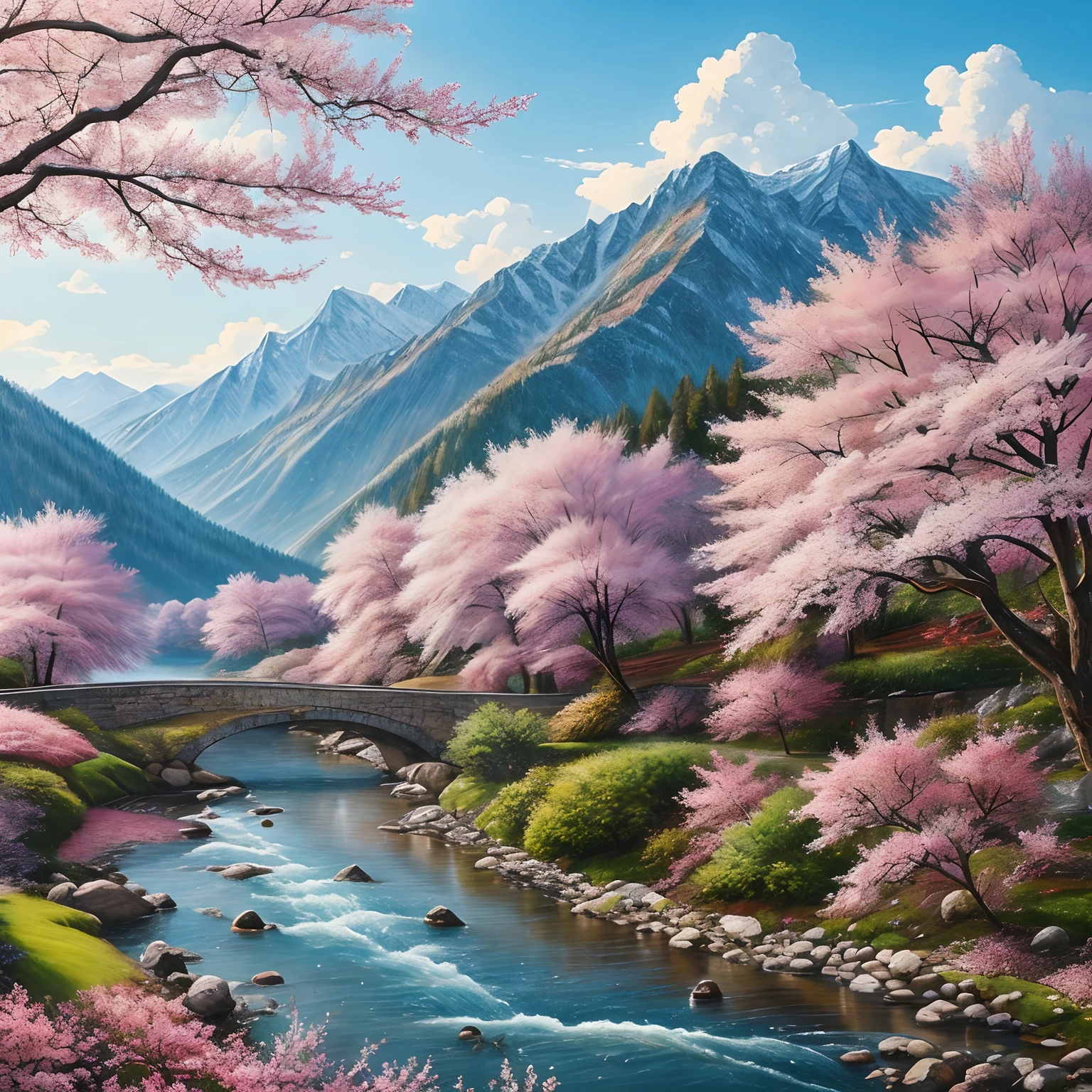 (Masterpiece, Top Quality, Best Quality, Official Art, Beauty and Aesthetics: 1.2), Very Detailed, Colorful, Most Detailed, Branches, Mountains and Rivers, Cherry Blossoms, Outdoor, Petals, Landscape, Rain, Trees, Sky, Street