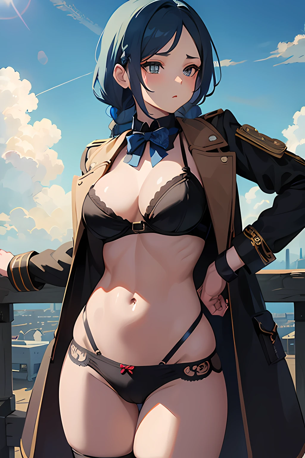 (best quality, masterpiece), 1girl, blue hair, braids, steampunk, gears, cloudy sky, sexy, tight, underwear, lingerie, Seductive, nsfw