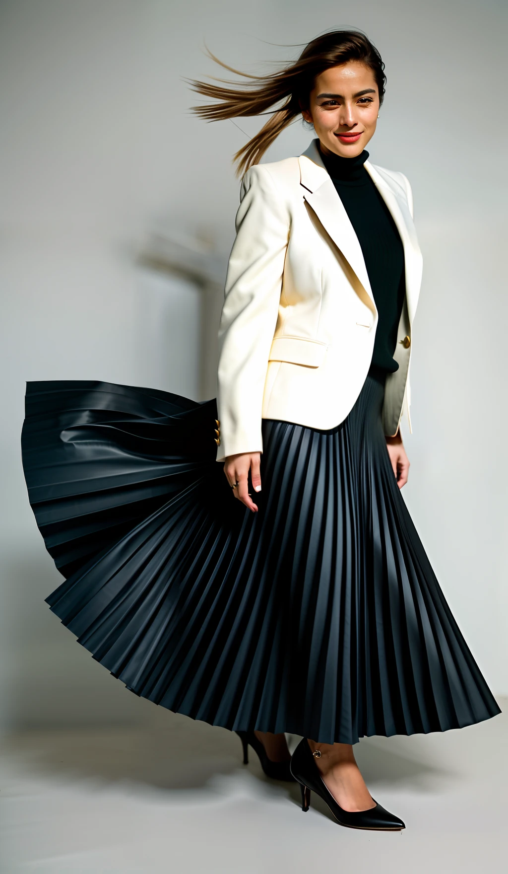 very (flirty:1,8) smiling good woman wearing short blazer and very very detailed (long (fully pleated) full circle skirt) and (simple) low heeled office shoes, very very intricate hyper-detailed symmetric (attractive graceful young feminine face) with (sad, tired eyes and a shy smile), large breasts, full of empathy and compassion and love, (pronounced (feminine) features), (highly detailed ultra accurate realistic) hands and fingers, (windy conditions and wind blowing), epic composition, highly detailed attributes, highly detailed atmosphere, (35mm f1.4 Kodak portra 400 photograph), extremely high quality RAW photograph,