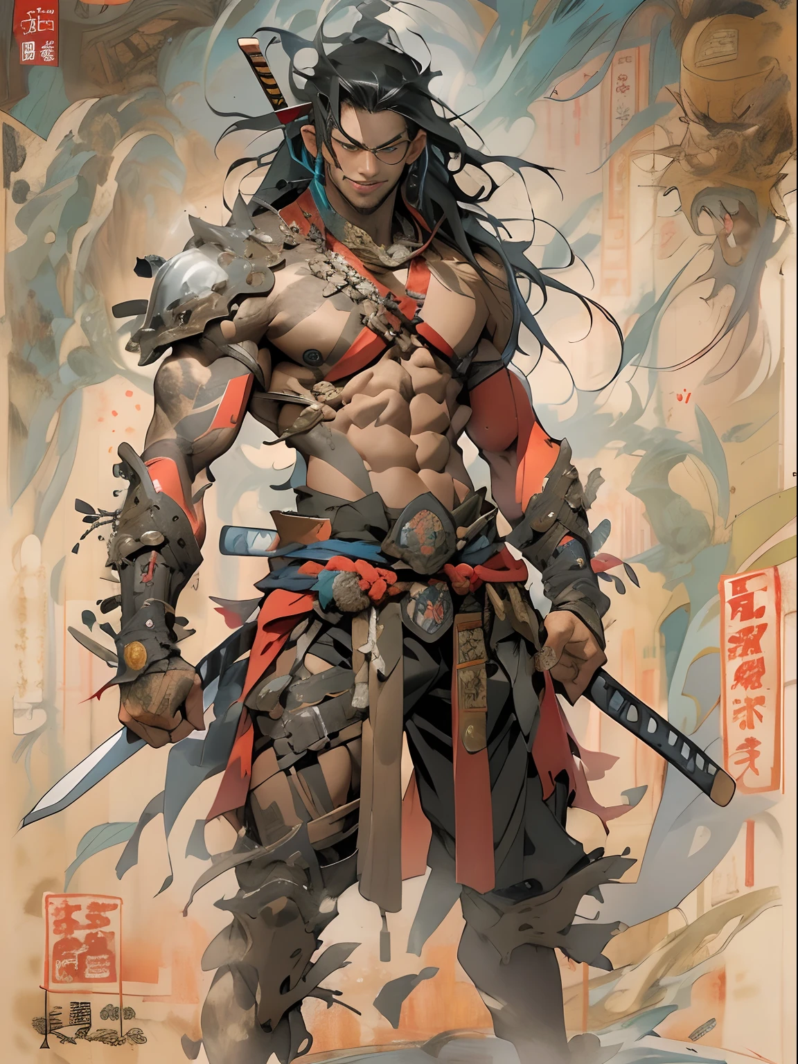 (((mtu))), (((best qualityer))), (((tmasterpiece))), (((AS-Adult))), ((( Japanese ))), Look up from your knees, Handsome Asian samurai,perfect body figure, Modern samurai, ((( Asian))), Wear gloves on your hands,The left arm is made of steel and metal tips,Made of protective devices, The eyes are pulled, (( Appears below the chest )), (( Small dental floss )), Simon Bisley, Almost naked(Simon Bisley)Castle City Wilderness,For high-resolution posters, hair straight, Minimum clothing, armure (Crazy clothes ), Full of tips and rivets, tribal tattoos, (((full bodyesbian))), Straight brunette hair,Colored hair ends