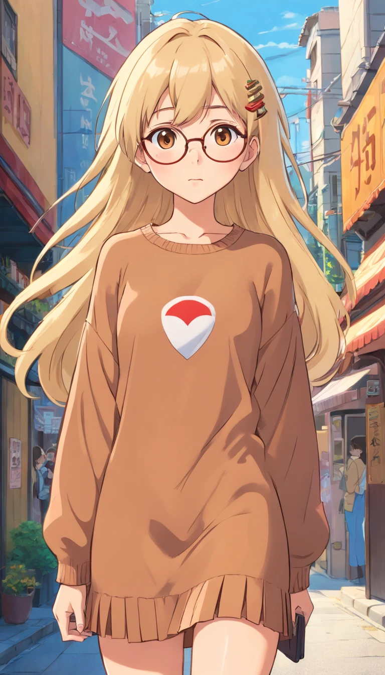 tan , tan skinned blonde hair , beige jumper , gyaru ,gyaru , 90s japan ,90s japan fashion , 2000 japan ,2000 , retro asthetic , colourful contacts flashy glasses , tall ,tight skirt ,s smart , curious , tall smart blank faced , tall and profesional