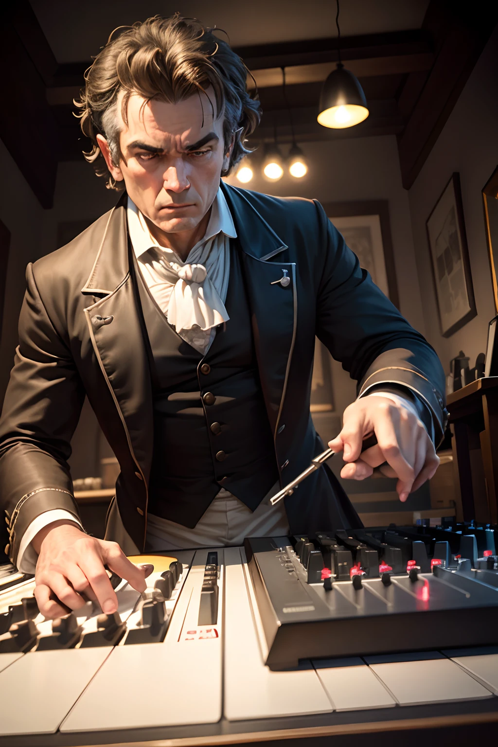 Beethoven macht einen Beat, dunkle barocke kammer, kerzenlicht, drum machine