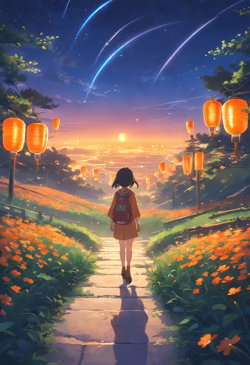 Expansive landscape photograph,(look from down,Above is the sky,Below are open fields),A stood on a flower field and looked up,Lots of Kong Ming lanterns,(moon full:1.2),(Starcloud:1.3),Far Mountain, Tree BREAK making art,(Warm light source:1.2),(glowworm:1.2),lamp lights,Lots of purple and orange,Complicated details,(best qualtiy),4K,ultra - detailed,(dynamic compositions:1.4),detail-rich,plethora of colors,(Irridescent color:1.2),(with light glowing,Atmospheric lighting),dream magical,magical,(独奏:1.