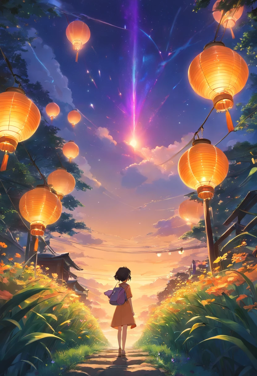 Expansive landscape photograph,(look from down,Above is the sky,Below are open fields),A little girl stood on a flower field and looked up,Lots of Kong Ming lanterns,(moon full:1.2),(Starcloud:1.3),Far Mountain, Tree BREAK making art,(Warm light source:1.2),(glowworm:1.2),lamp lights,Lots of purple and orange,Complicated details,(best qualtiy),4K,ultra - detailed,(dynamic compositions:1.4),detail-rich,plethora of colors,(Irridescent color:1.2),(with light glowing,Atmospheric lighting),dream magical,magical,(独奏:1.