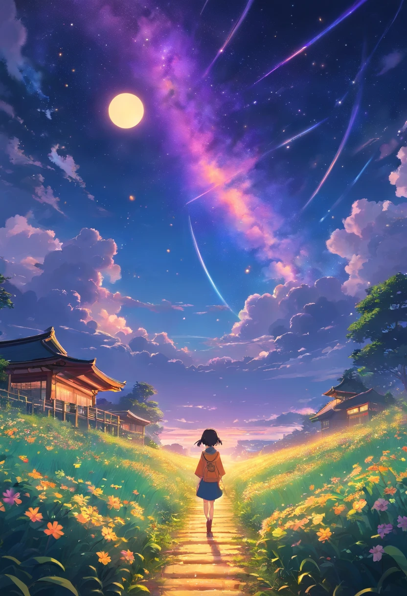 Expansive landscape photograph,(look from down,Above is the sky,Below are open fields),A little girl stood on a flower field and looked up,Lots of Kong Ming lanterns,(moon full:1.2),(Starcloud:1.3),Far Mountain, Tree BREAK making art,(Warm light source:1.2),(glowworm:1.2),lamp lights,Lots of purple and orange,Complicated details,(best qualtiy),4K,ultra - detailed,(dynamic compositions:1.4),detail-rich,plethora of colors,(Irridescent color:1.2),(with light glowing,Atmospheric lighting),dream magical,magical,(独奏:1.